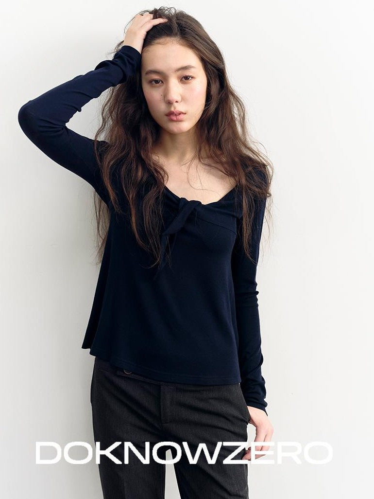 DKZ OFFICIAL V-neck Knotted A Line Slim Fit Wool Blend Women&
