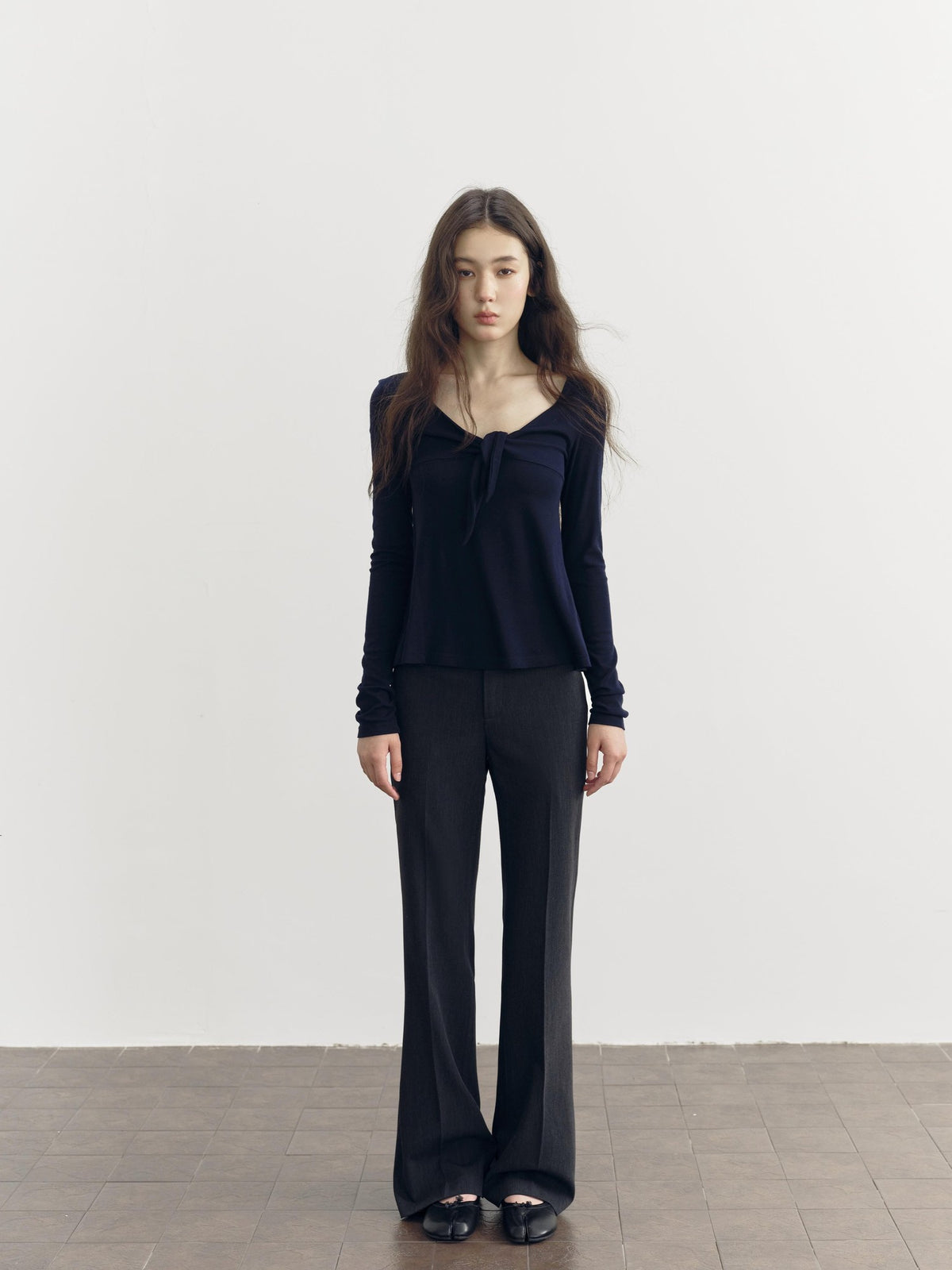 DKZ OFFICIAL V-neck Knotted A Line Slim Fit Wool Blend Women&