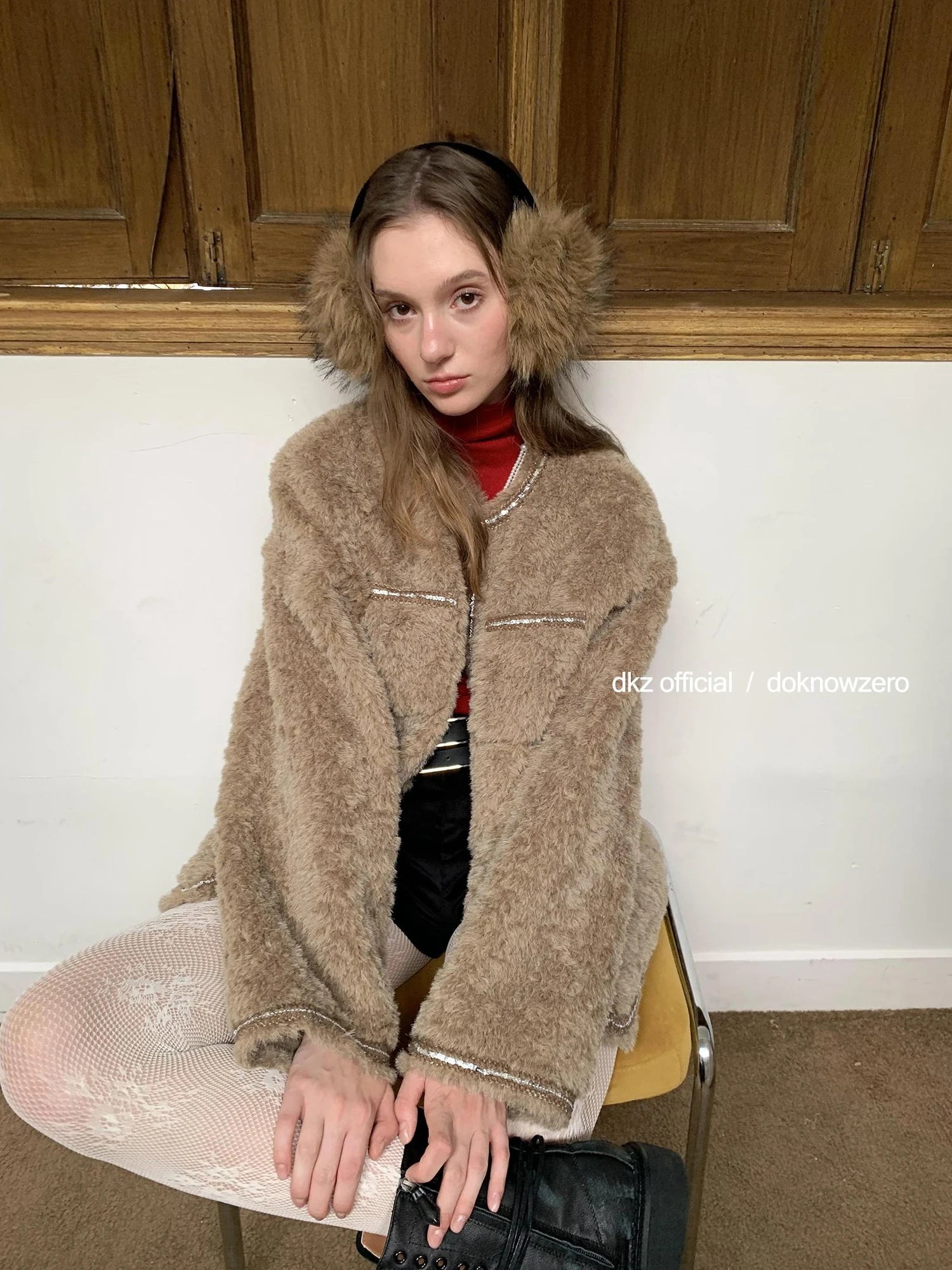 DKZ OFFICIAL Vintage Beige Faux Shearling Round Neck Blouse With Sequins