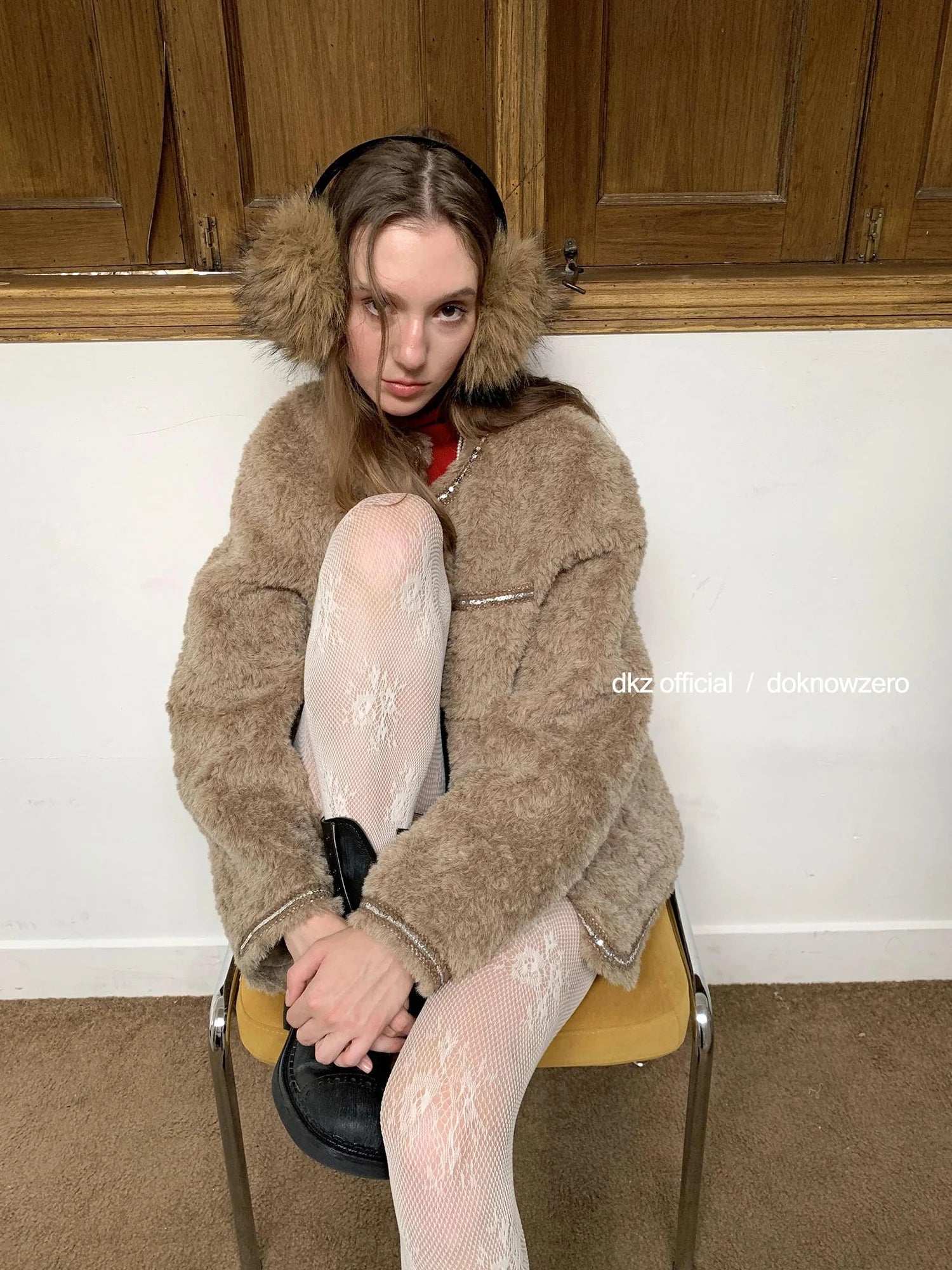 DKZ OFFICIAL Vintage Beige Faux Shearling Round Neck Blouse With Sequins