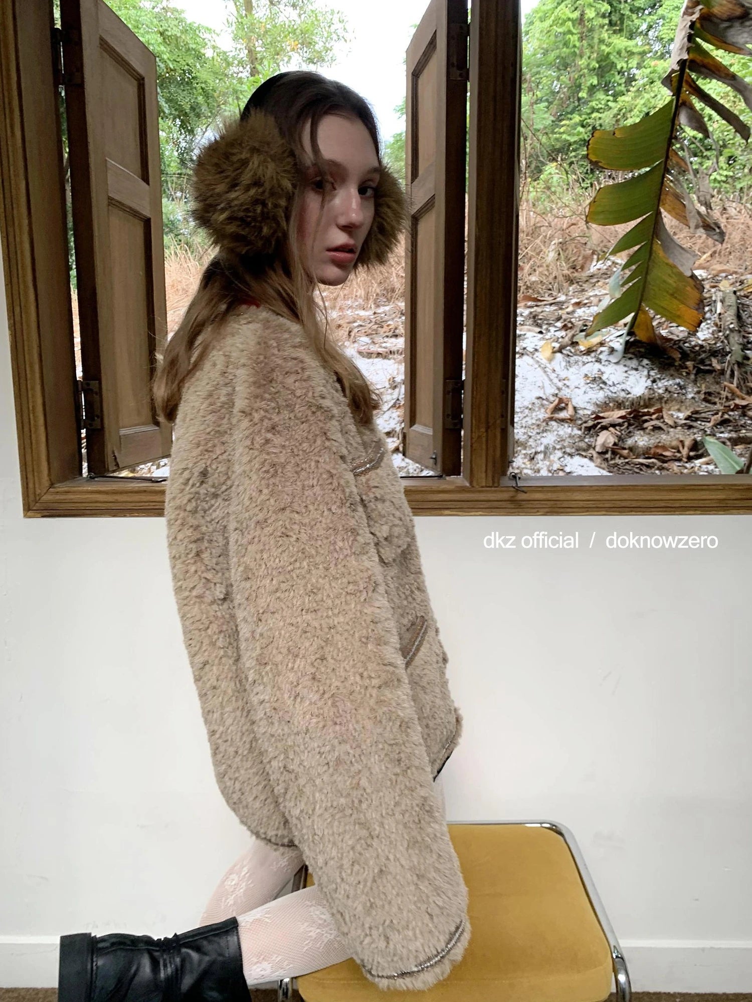 DKZ OFFICIAL Vintage Beige Faux Shearling Round Neck Blouse With Sequins