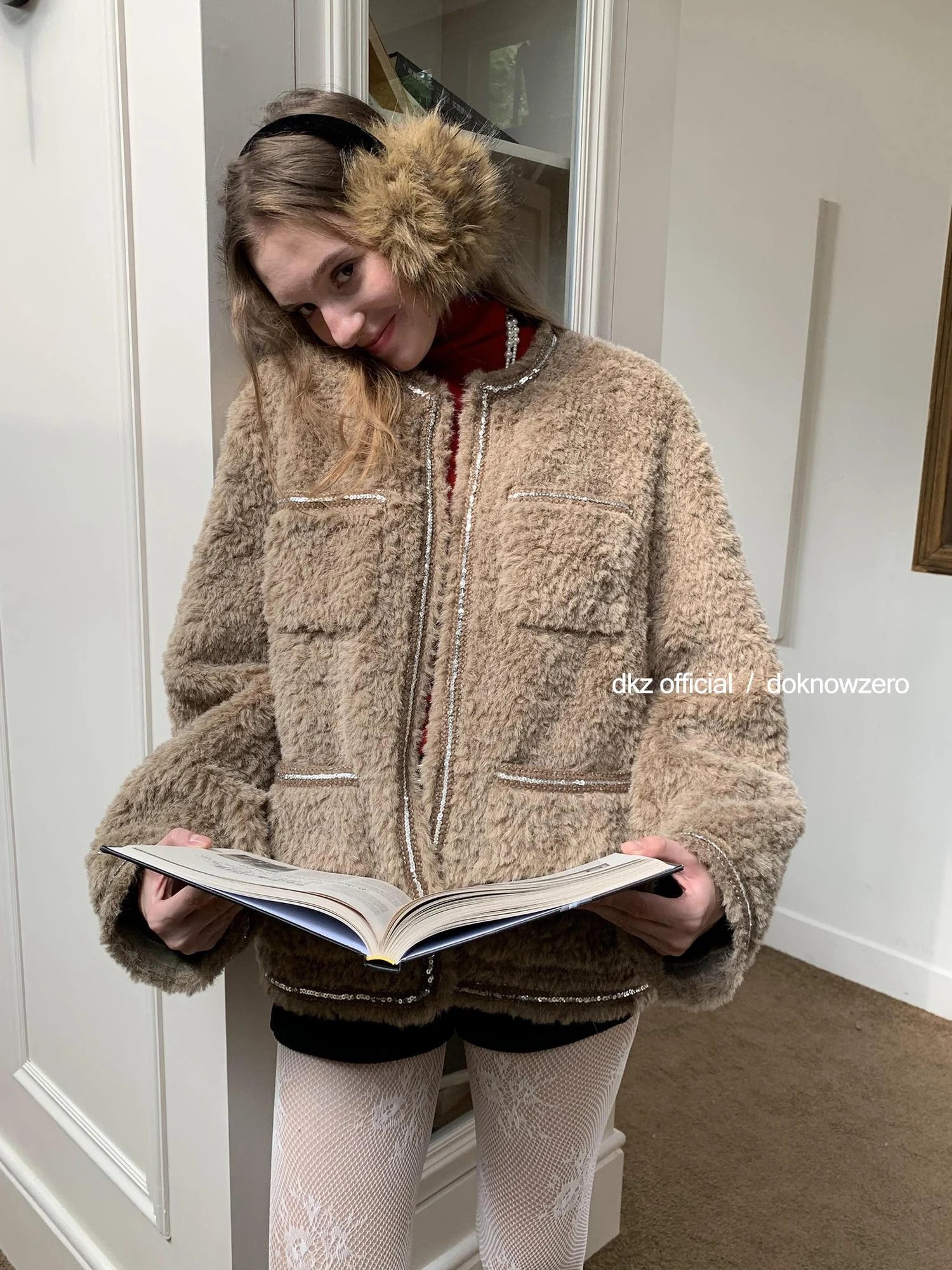 DKZ OFFICIAL Vintage Beige Faux Shearling Round Neck Blouse With Sequins