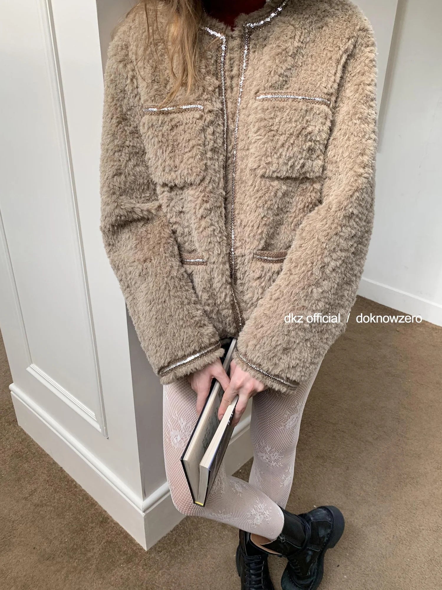 DKZ OFFICIAL Vintage Beige Faux Shearling Round Neck Blouse With Sequins