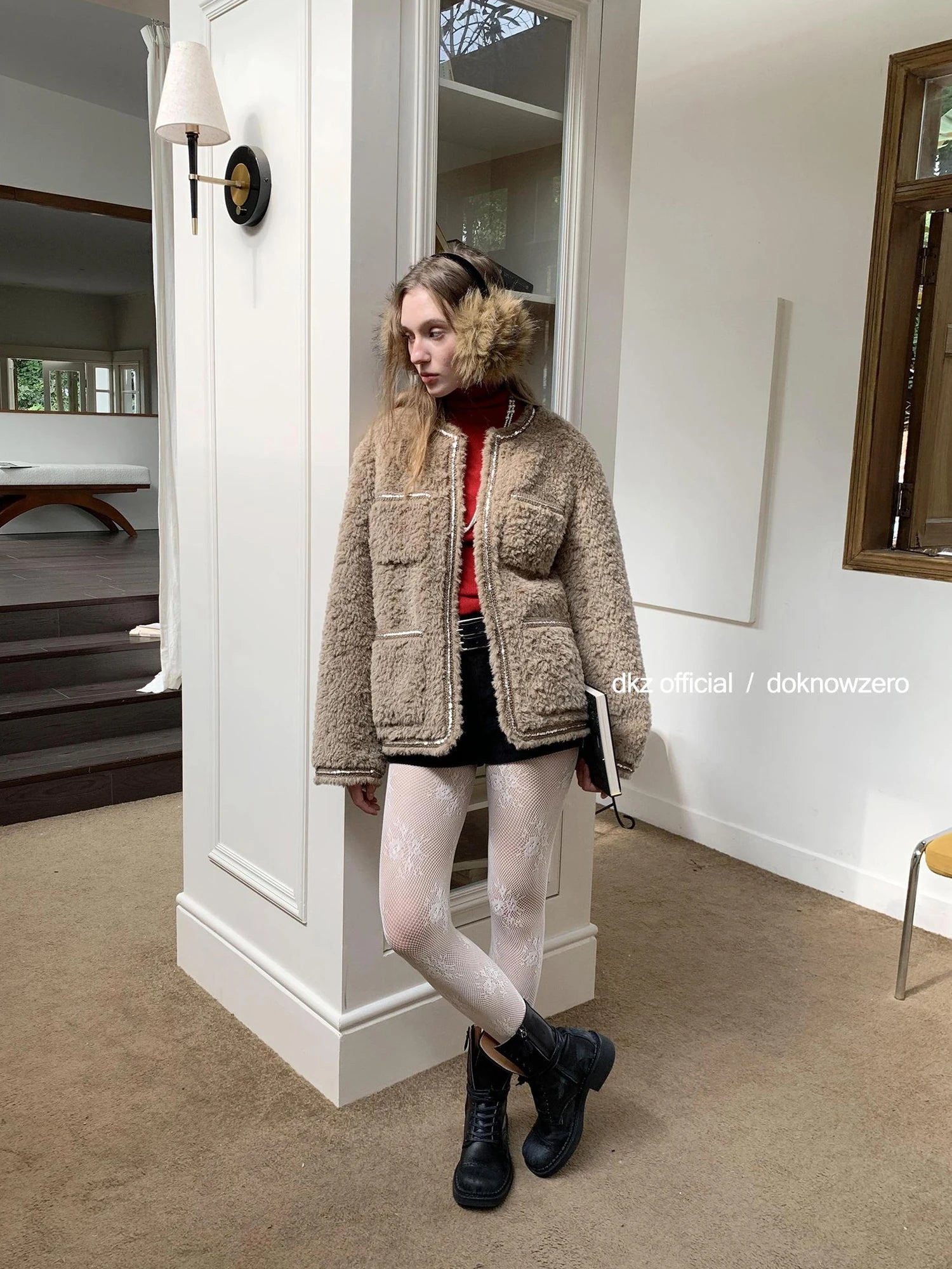 DKZ OFFICIAL Vintage Beige Faux Shearling Round Neck Blouse With Sequins