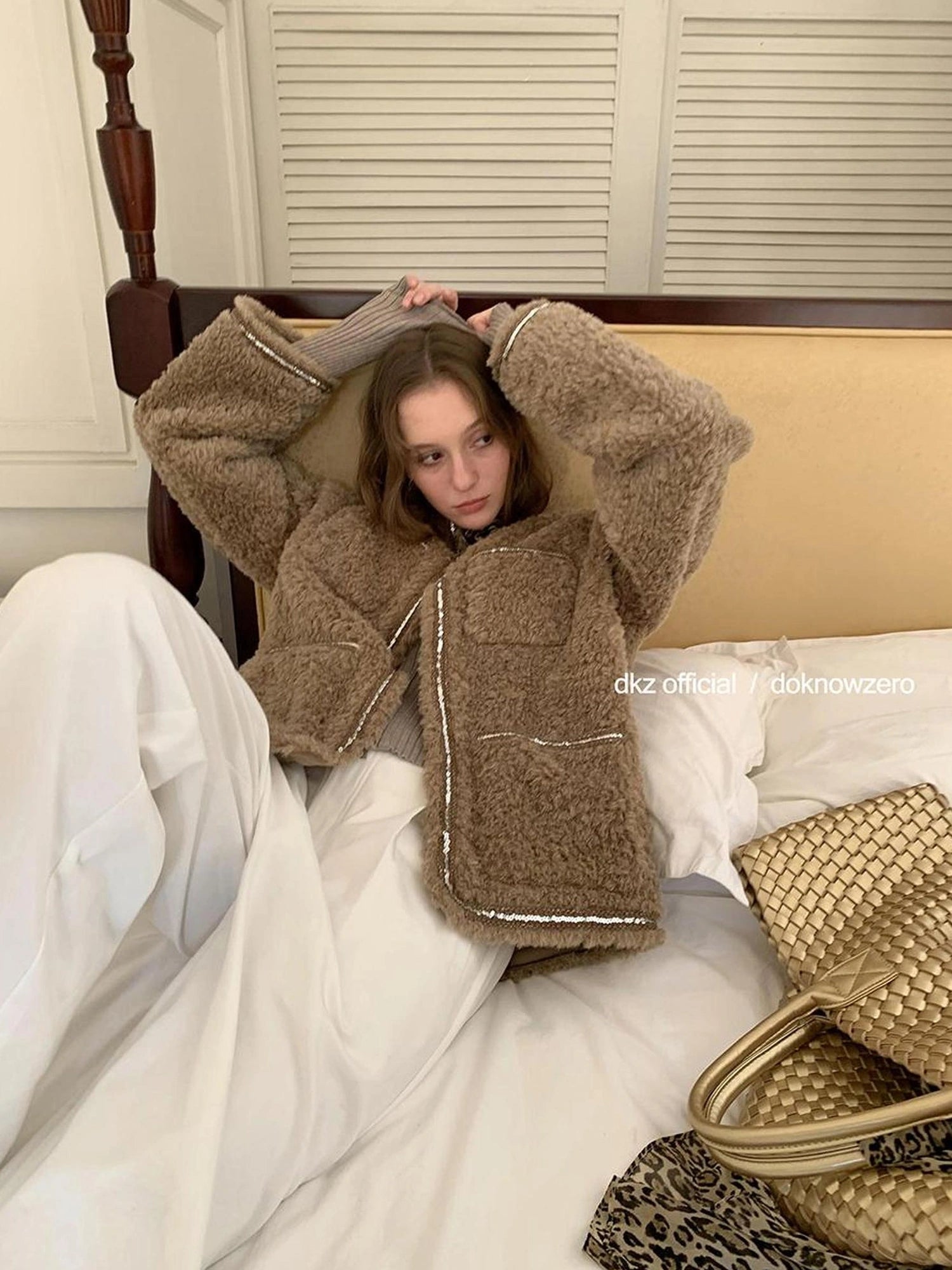 DKZ OFFICIAL Vintage Beige Faux Shearling Round Neck Blouse With Sequins