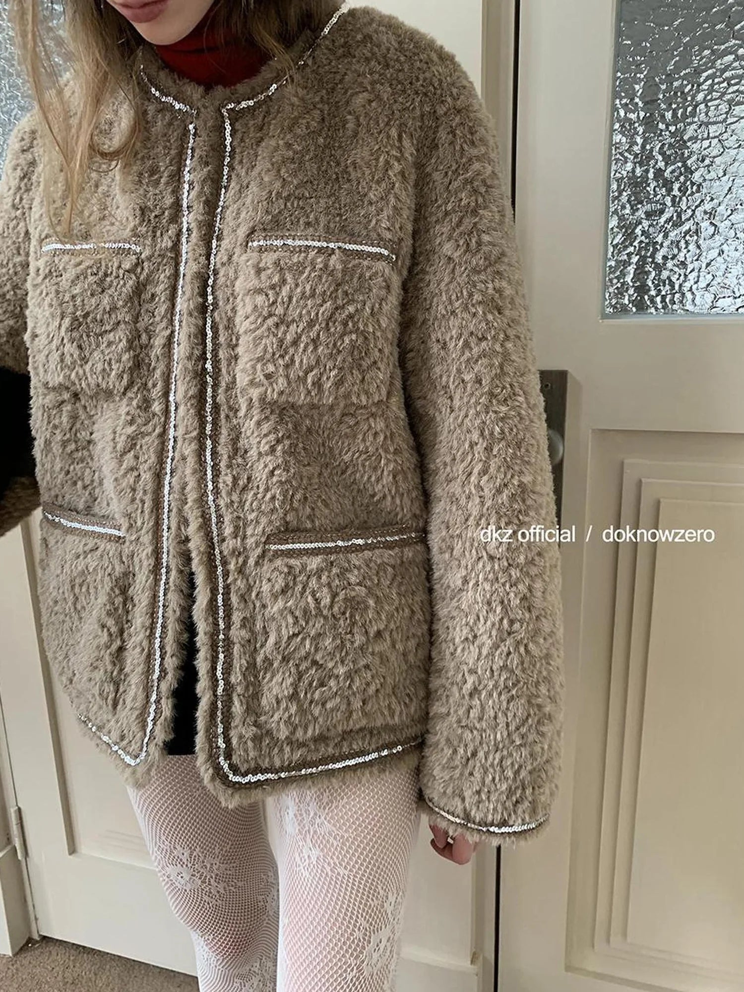 DKZ OFFICIAL Vintage Beige Faux Shearling Round Neck Blouse With Sequins