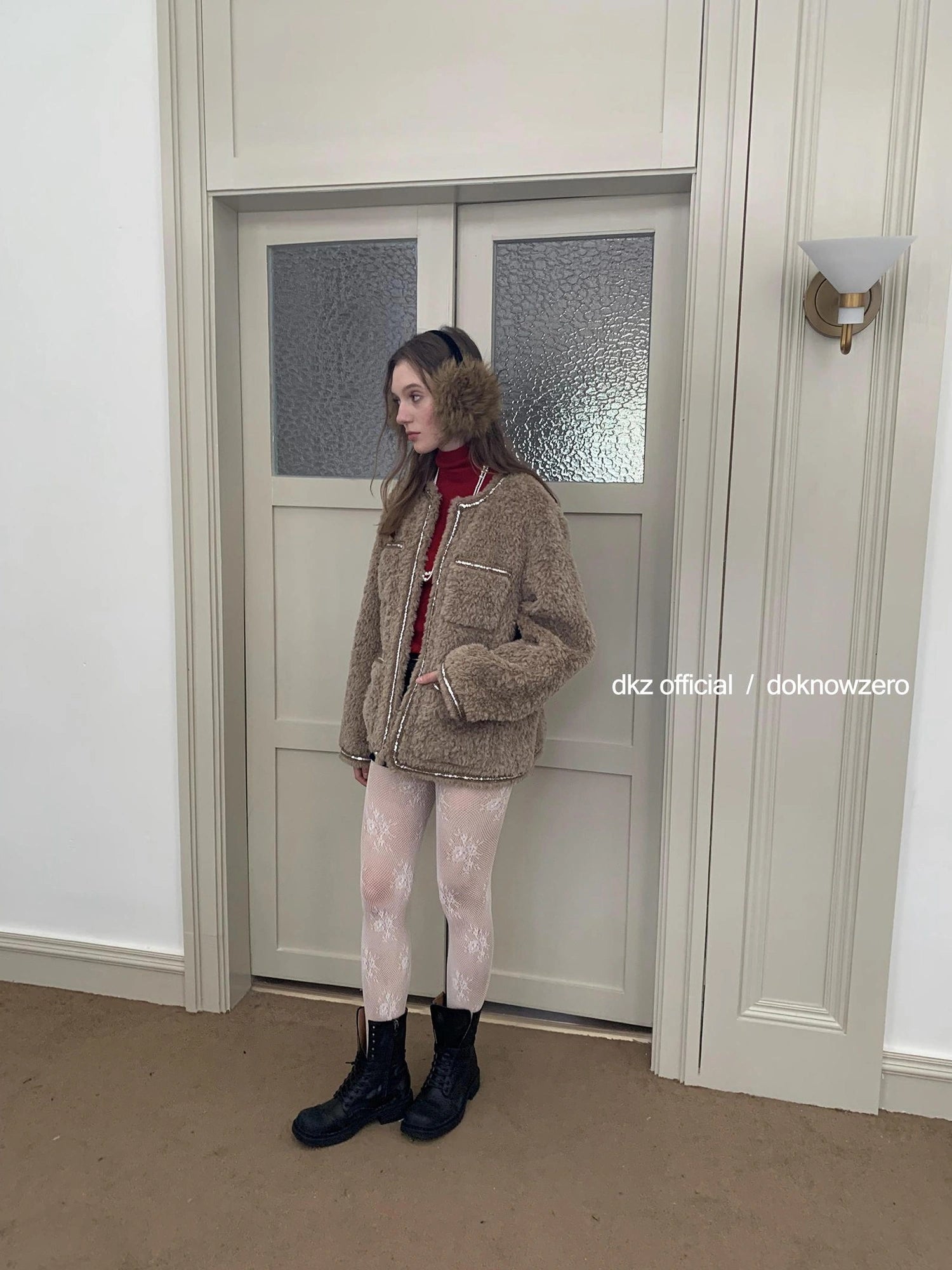 DKZ OFFICIAL Vintage Beige Faux Shearling Round Neck Blouse With Sequins