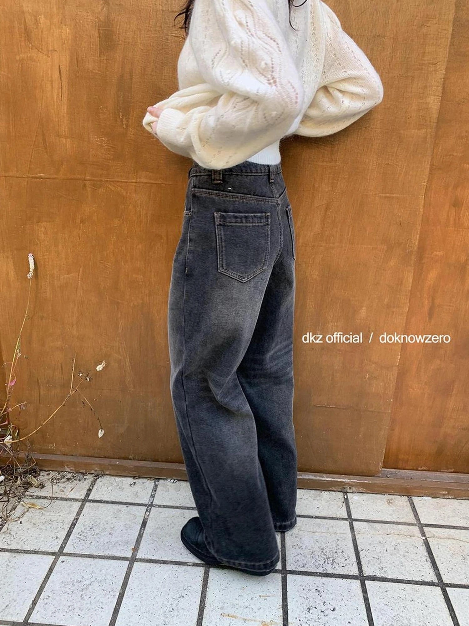 DKZ OFFICIAL Vintage Black Washed Flared Fleece Lined Jeans