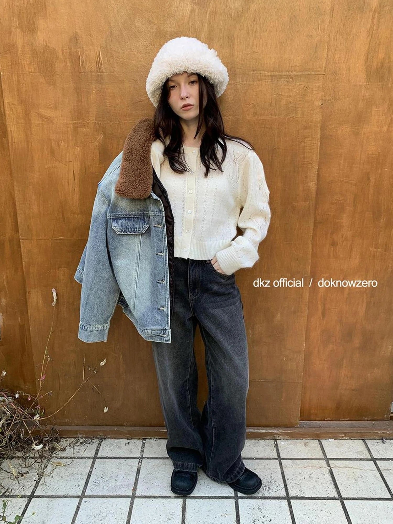 DKZ OFFICIAL Vintage Black Washed Flared Fleece Lined Jeans