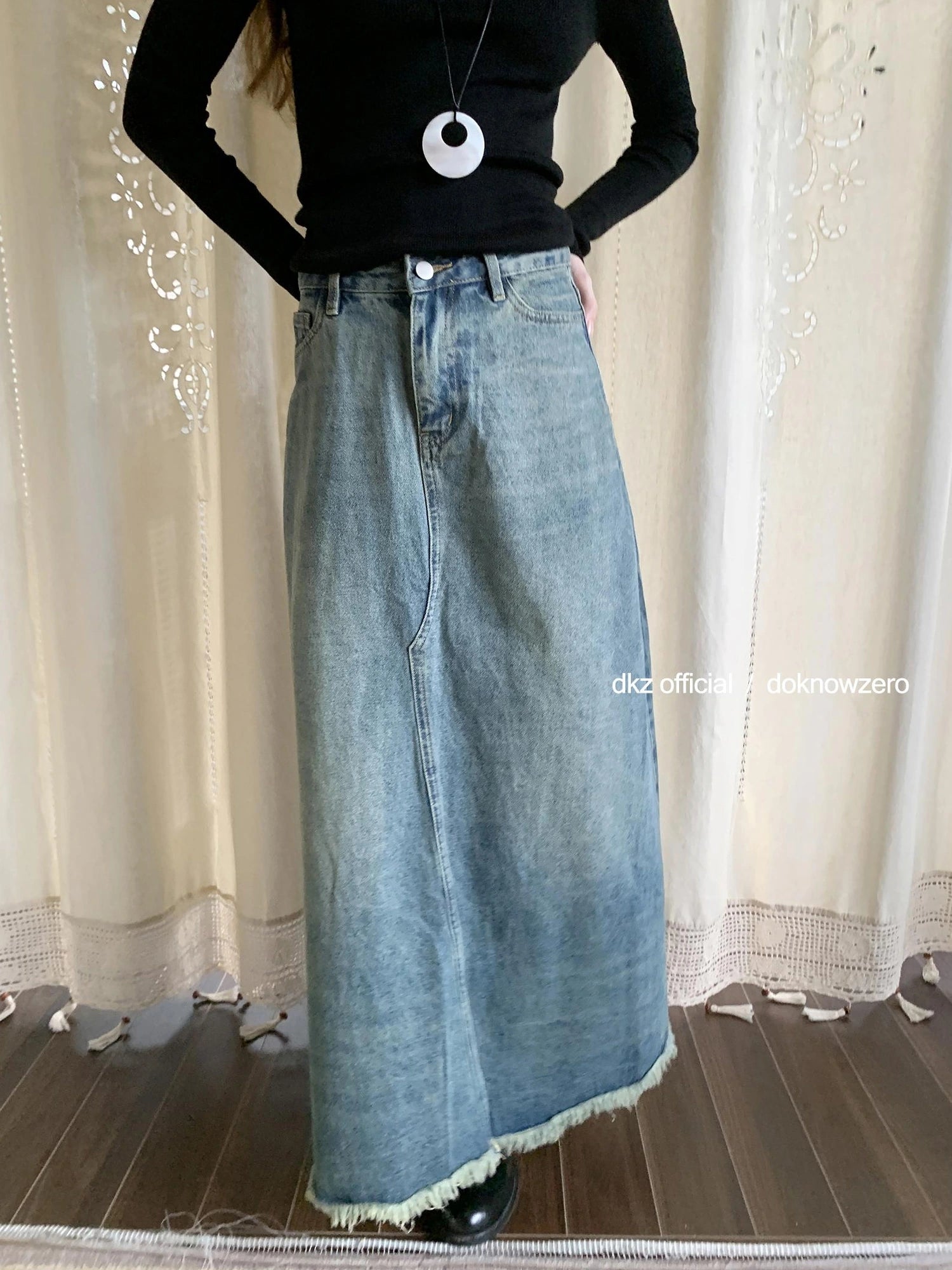 DKZ OFFICIAL Vintage Blue Denim A Line Midi Skirt
