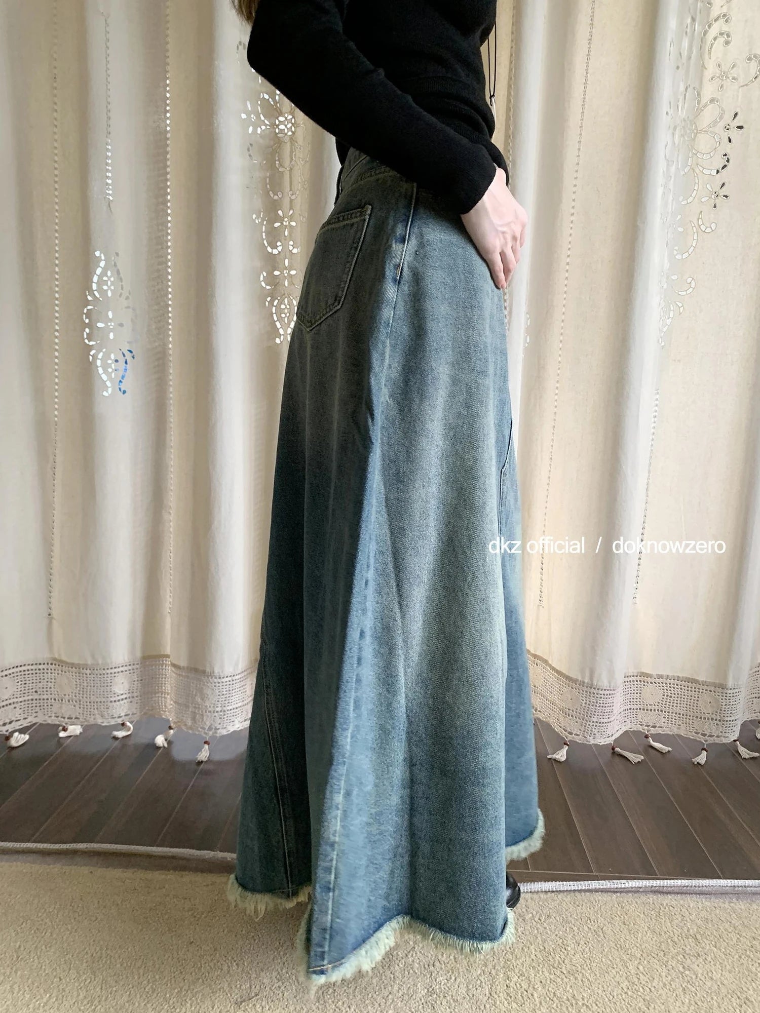 DKZ OFFICIAL Vintage Blue Denim A Line Midi Skirt