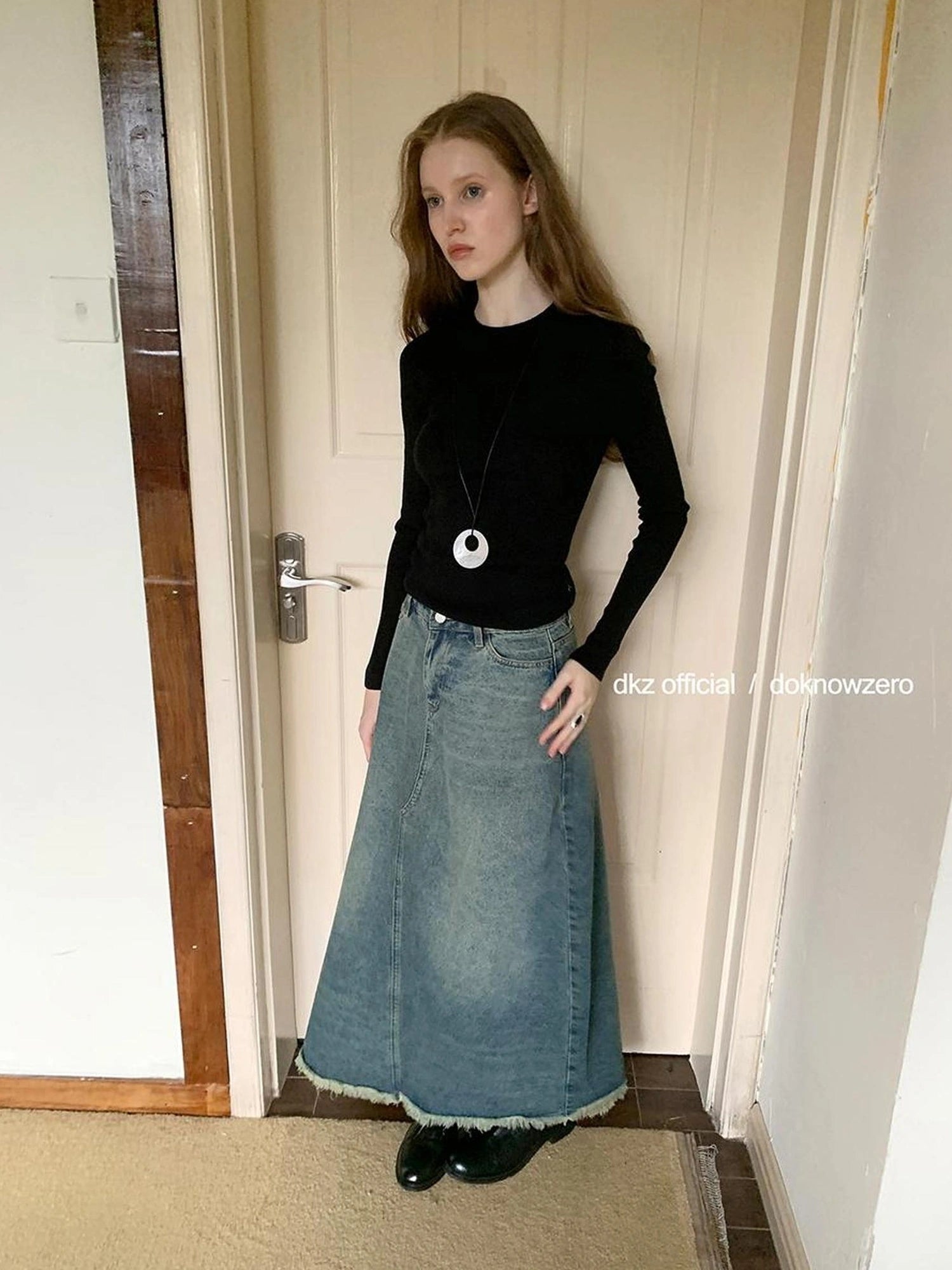 DKZ OFFICIAL Vintage Blue Denim A Line Midi Skirt
