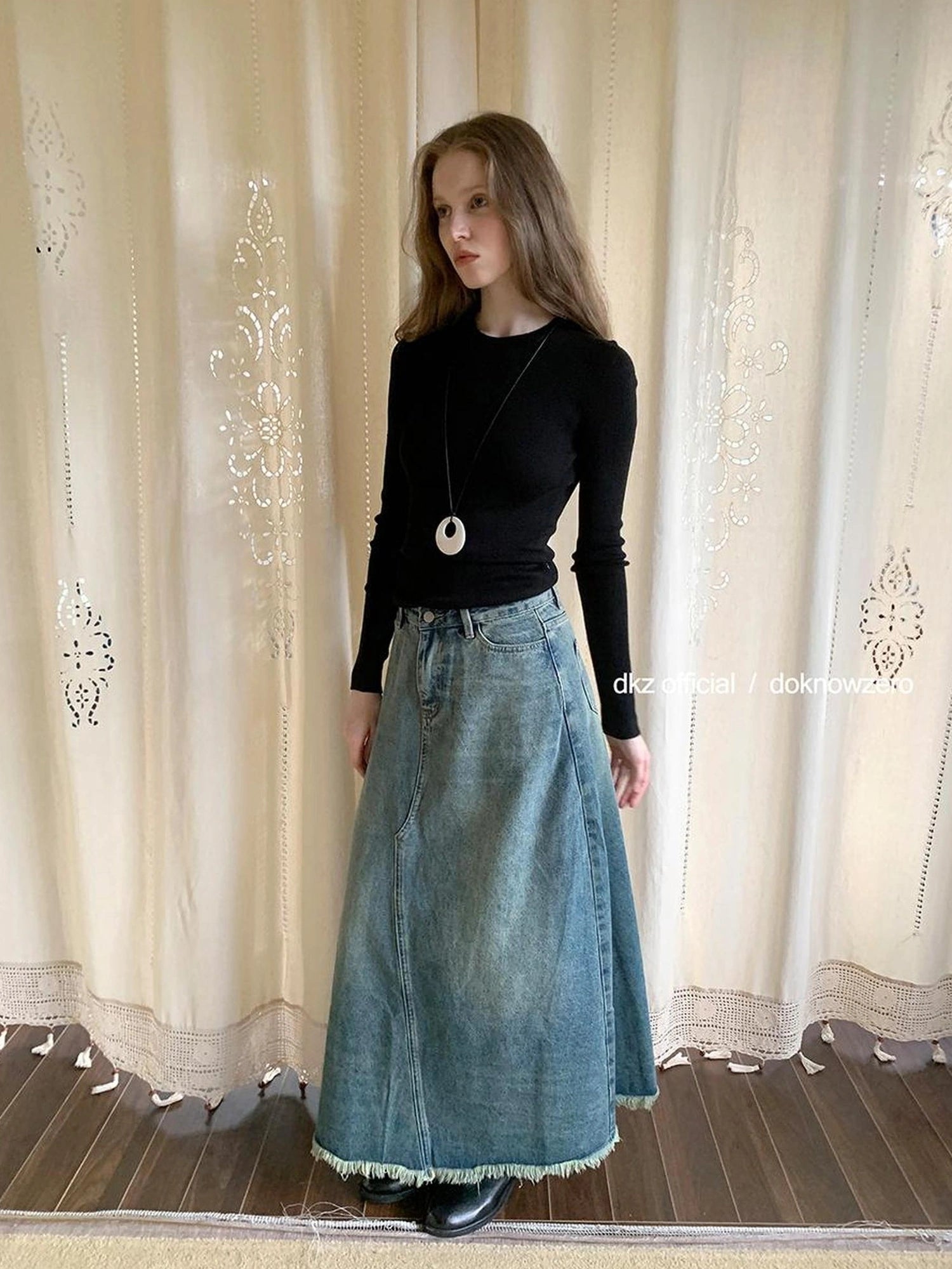 DKZ OFFICIAL Vintage Blue Denim A Line Midi Skirt