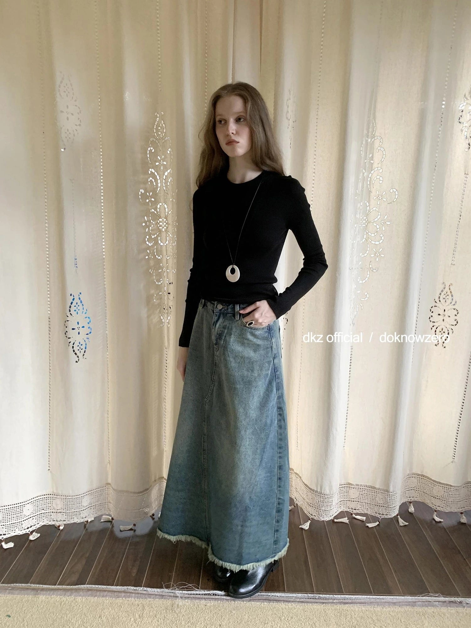 DKZ OFFICIAL Vintage Blue Denim A Line Midi Skirt