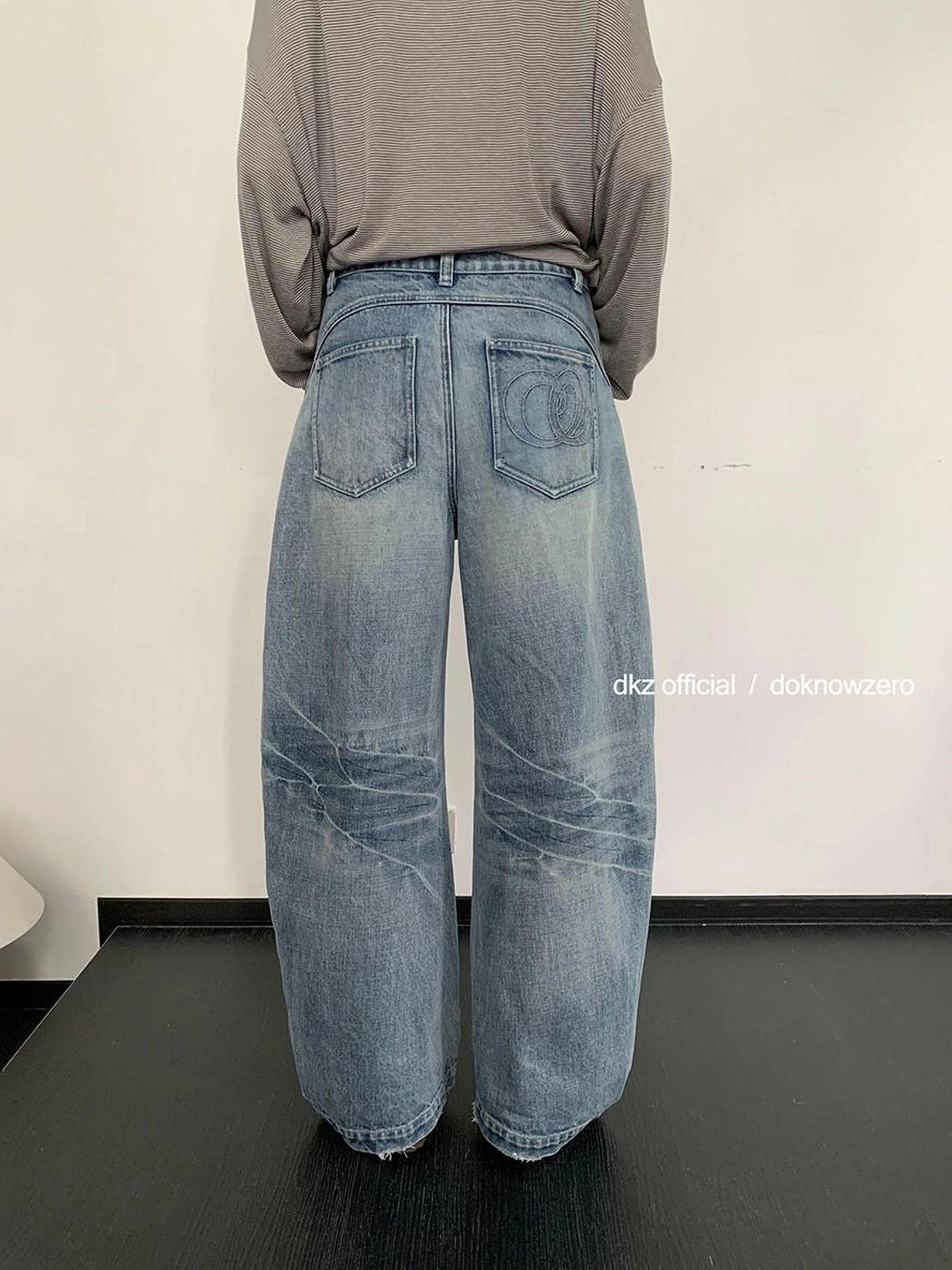DKZ OFFICIAL Vintage Blue Washed Wide Leg Curved Hem Jeans