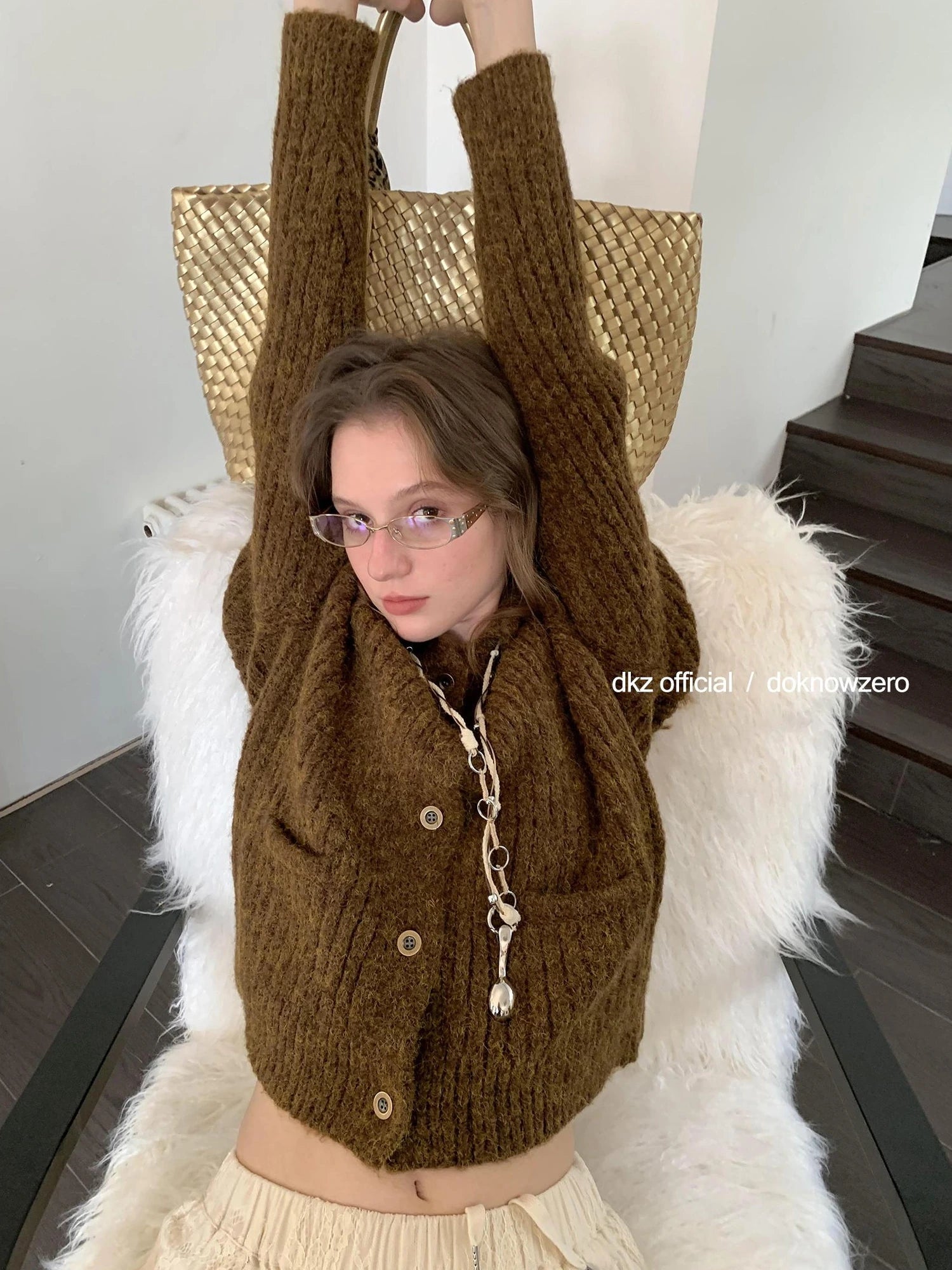 DKZ OFFICIAL Vintage Brown Knit Cardigan For Women Fall Retro Collar Casual Long Sleeve Top