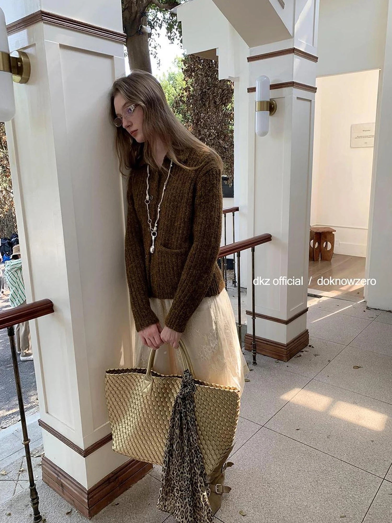 DKZ OFFICIAL Vintage Brown Knit Cardigan For Women Fall Retro Collar Casual Long Sleeve Top