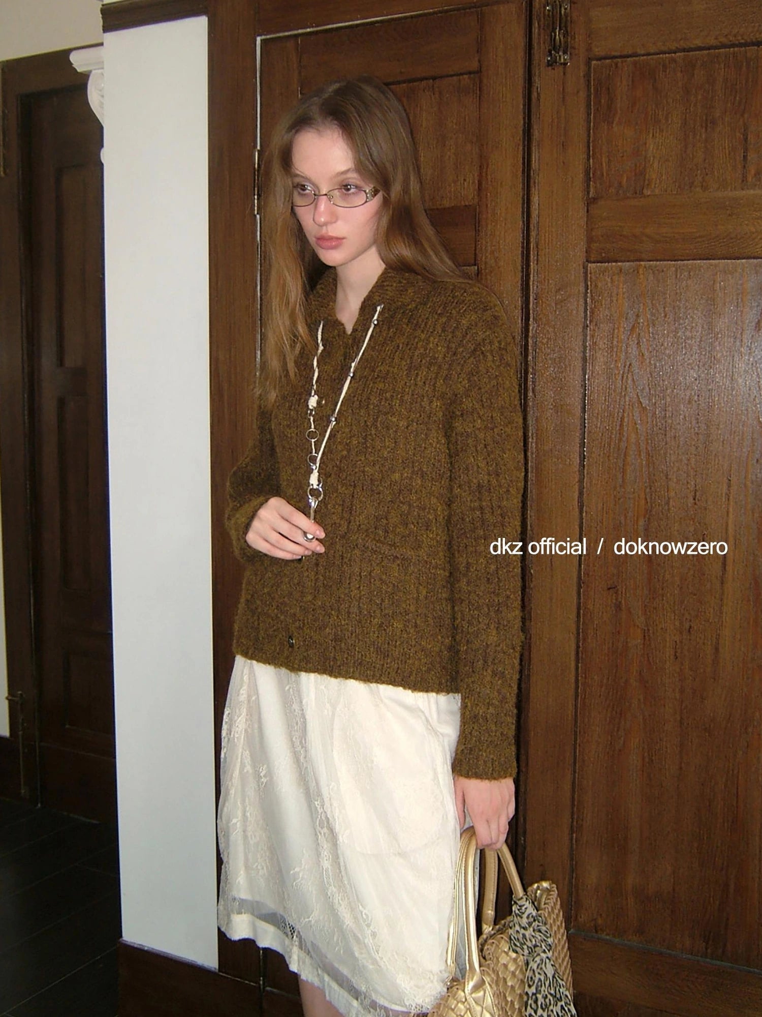 DKZ OFFICIAL Vintage Brown Knit Cardigan For Women Fall Retro Collar Casual Long Sleeve Top