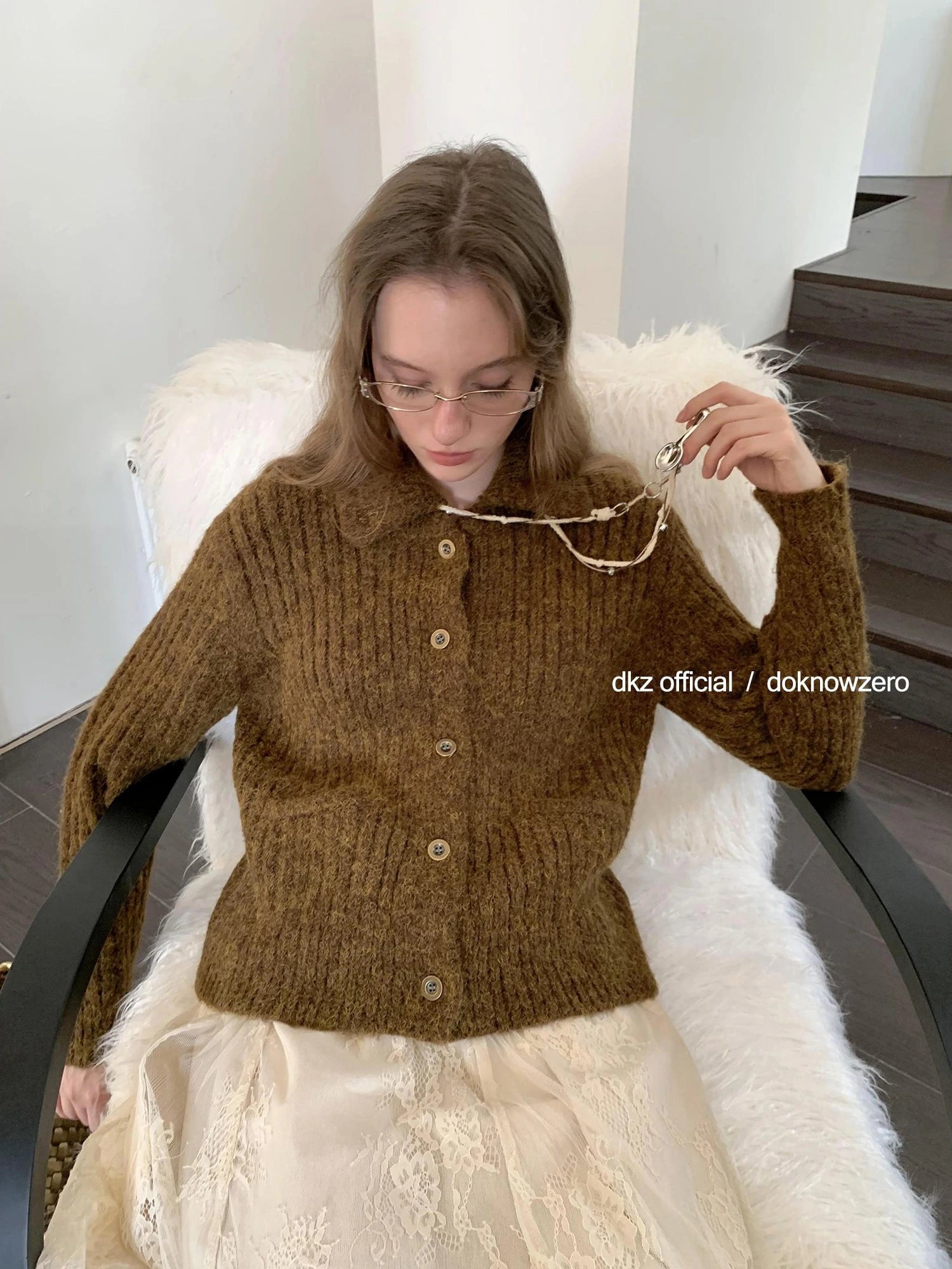 DKZ OFFICIAL Vintage Brown Knit Cardigan For Women Fall Retro Collar Casual Long Sleeve Top