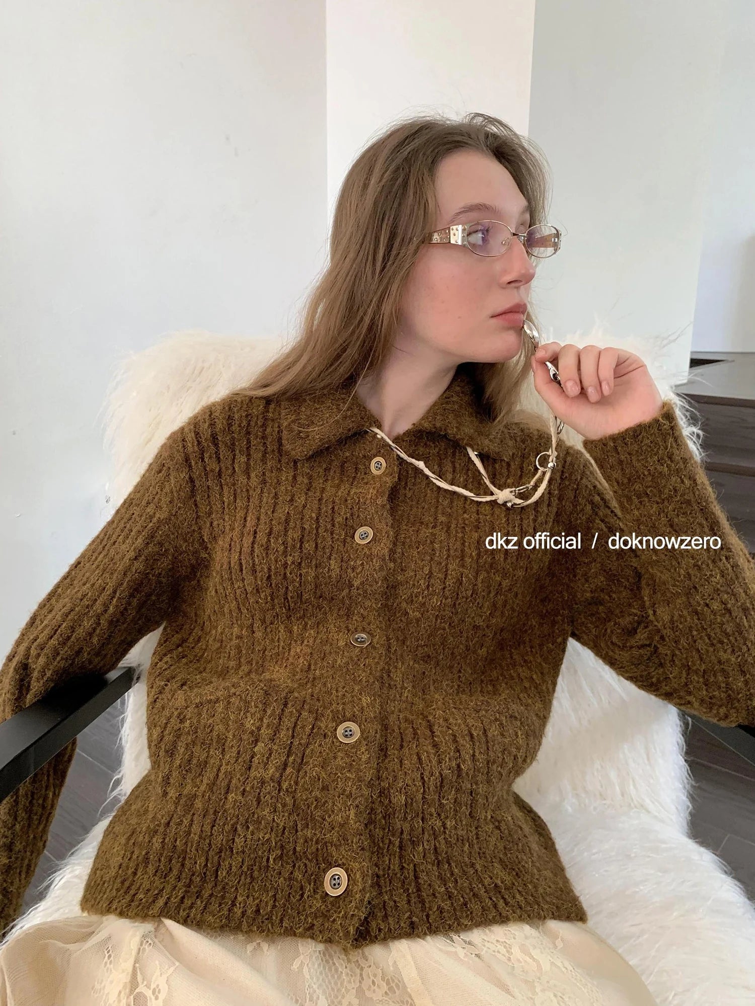 DKZ OFFICIAL Vintage Brown Knit Cardigan For Women Fall Retro Collar Casual Long Sleeve Top