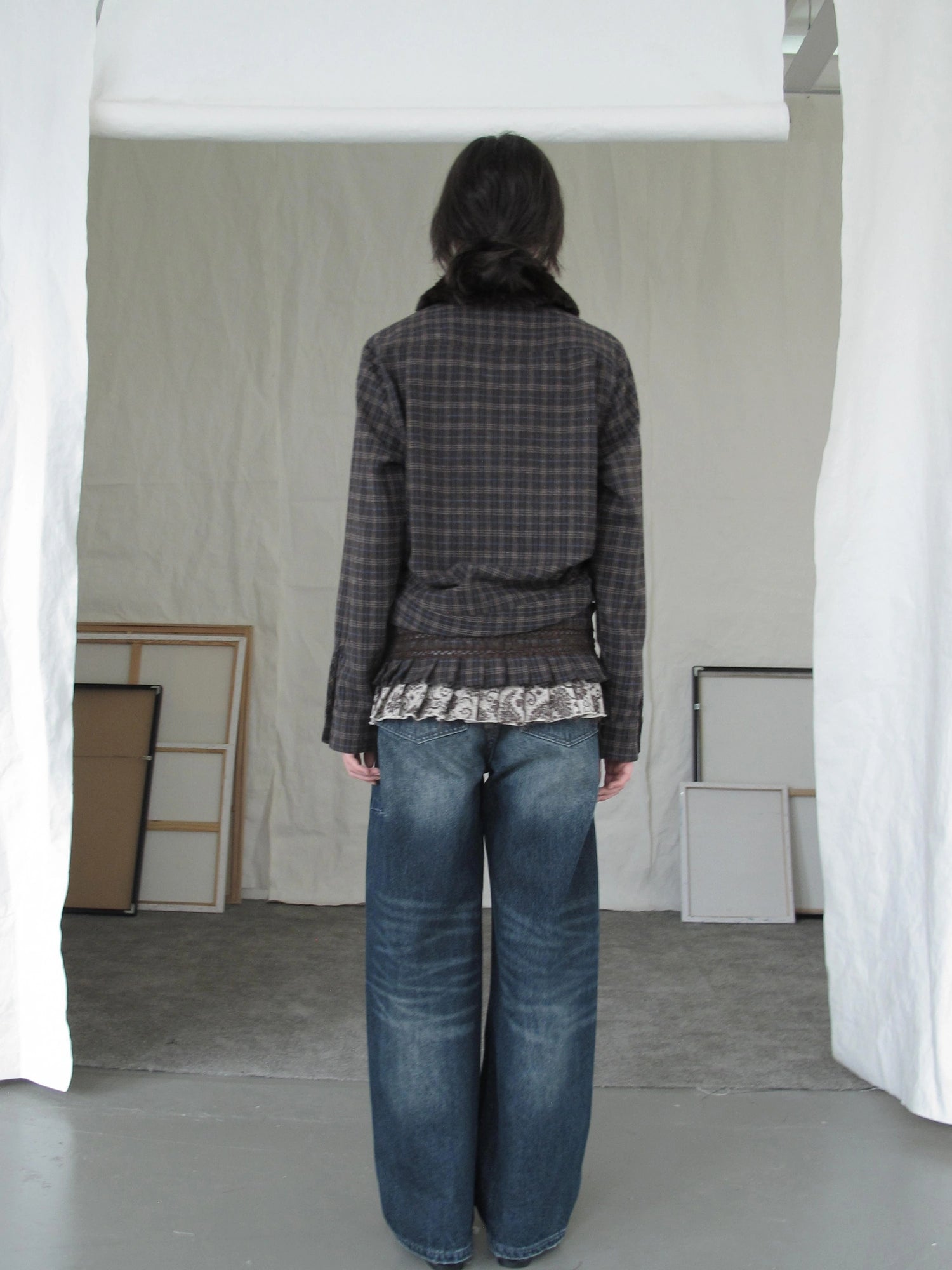 DKZ OFFICIAL Vintage Brown Plaid Shirt With Detachable Faux Fur Collar