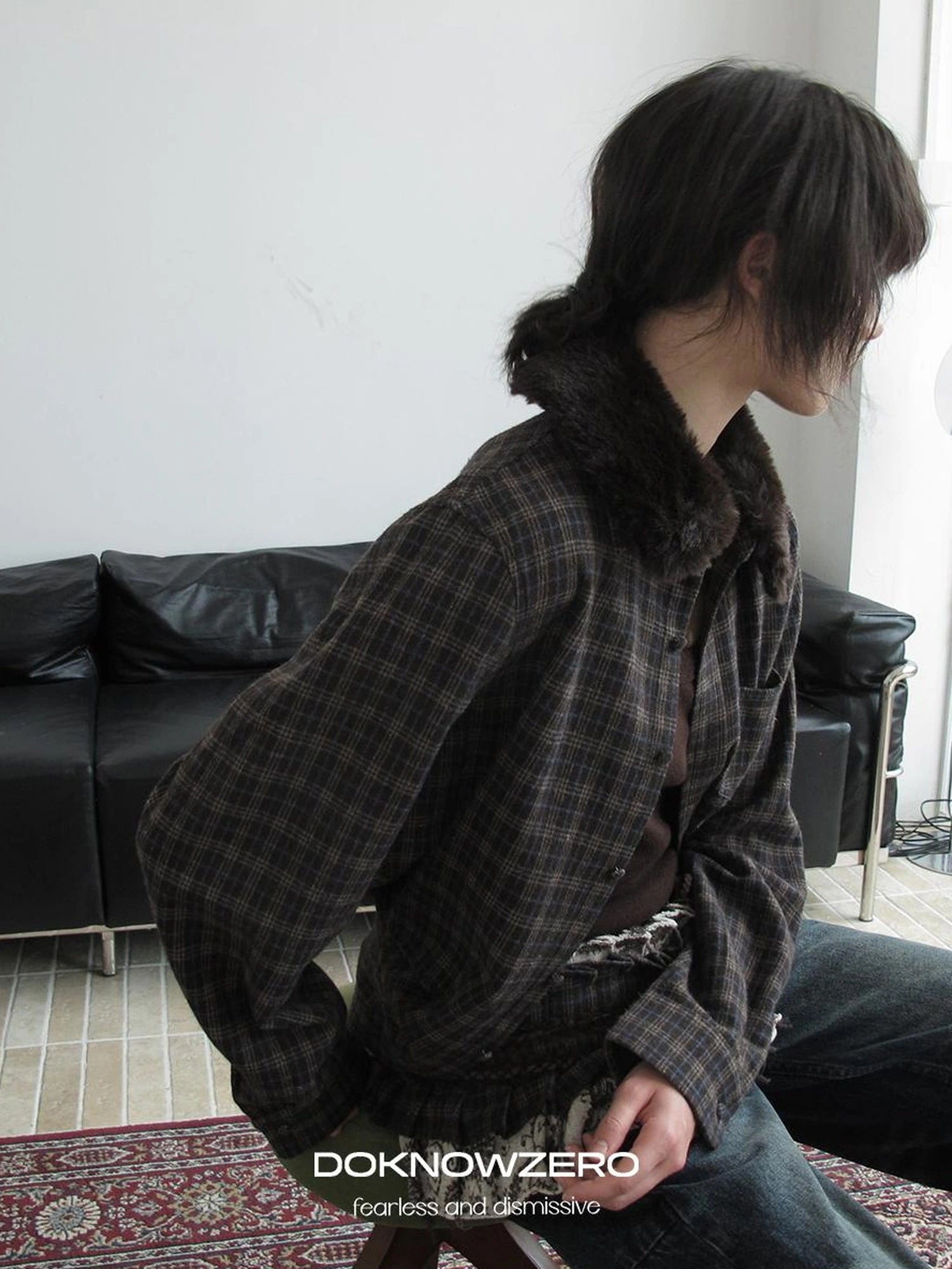 DKZ OFFICIAL Vintage Brown Plaid Shirt With Detachable Faux Fur Collar