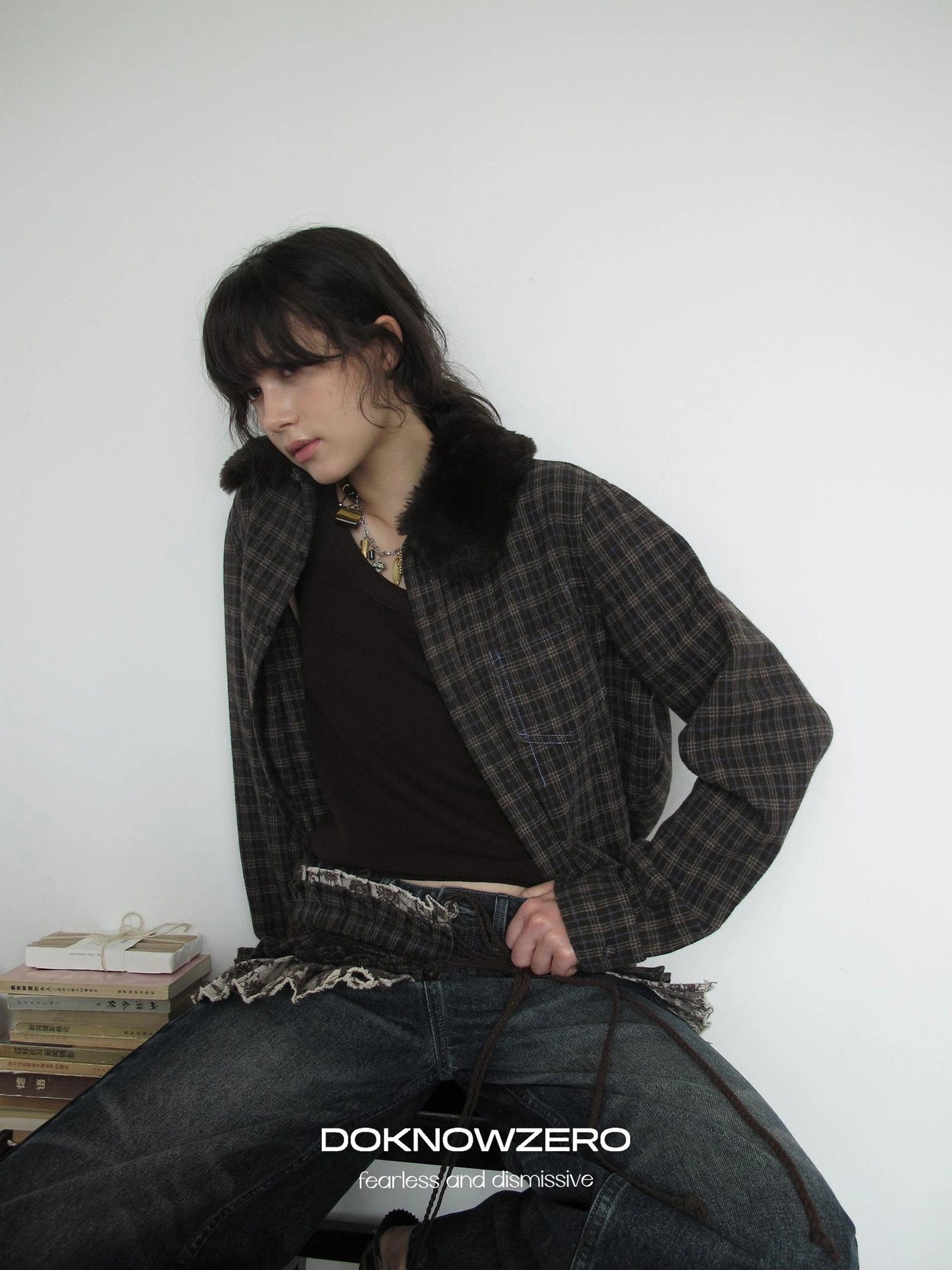 DKZ OFFICIAL Vintage Brown Plaid Shirt With Detachable Faux Fur Collar