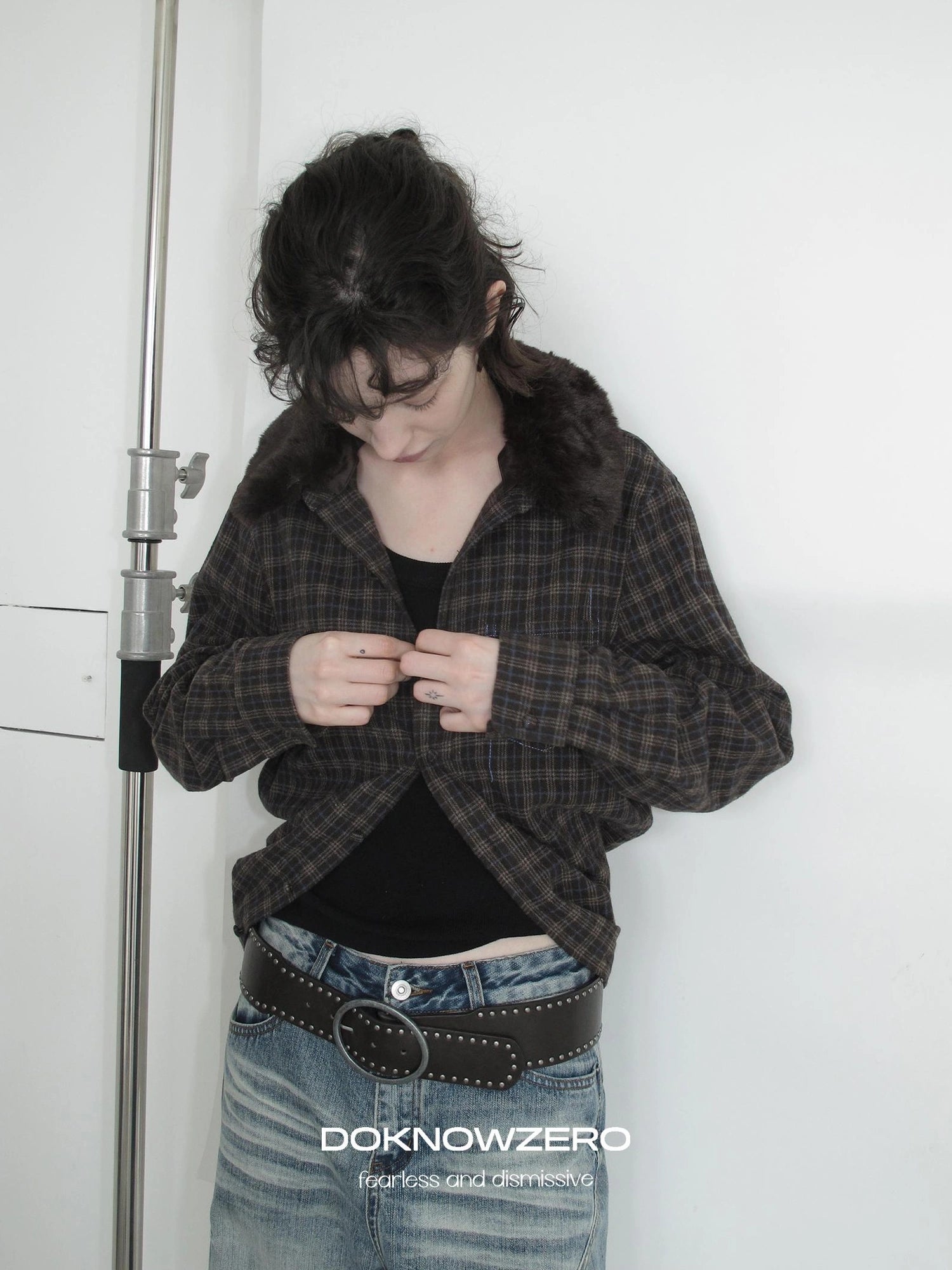 DKZ OFFICIAL Vintage Brown Plaid Shirt With Detachable Faux Fur Collar