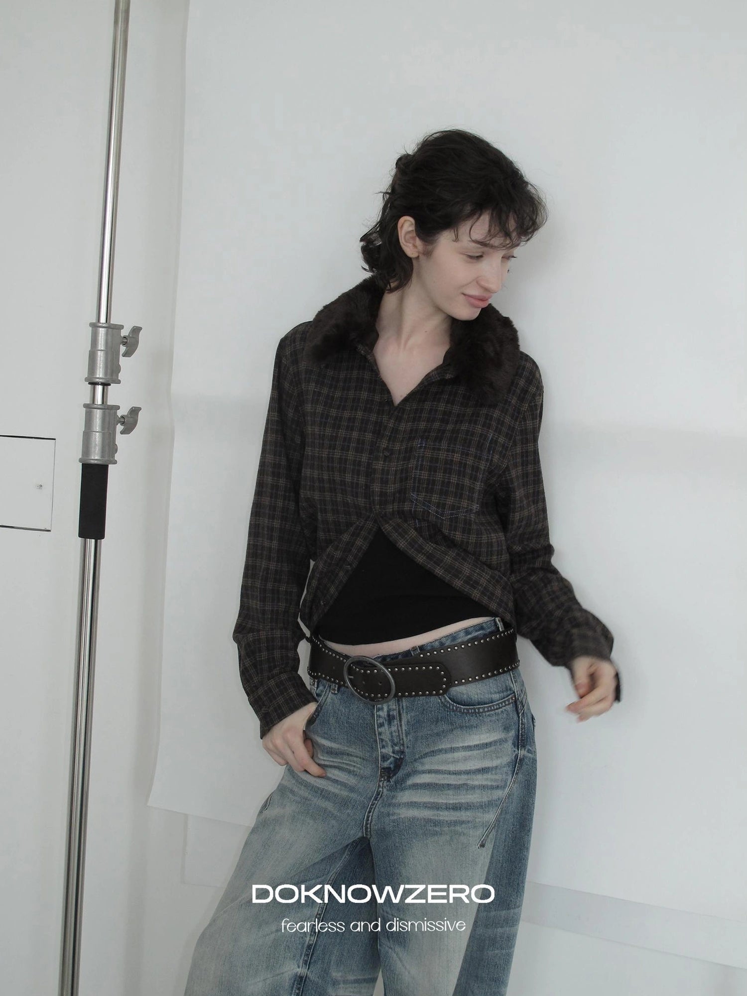 DKZ OFFICIAL Vintage Brown Plaid Shirt With Detachable Faux Fur Collar