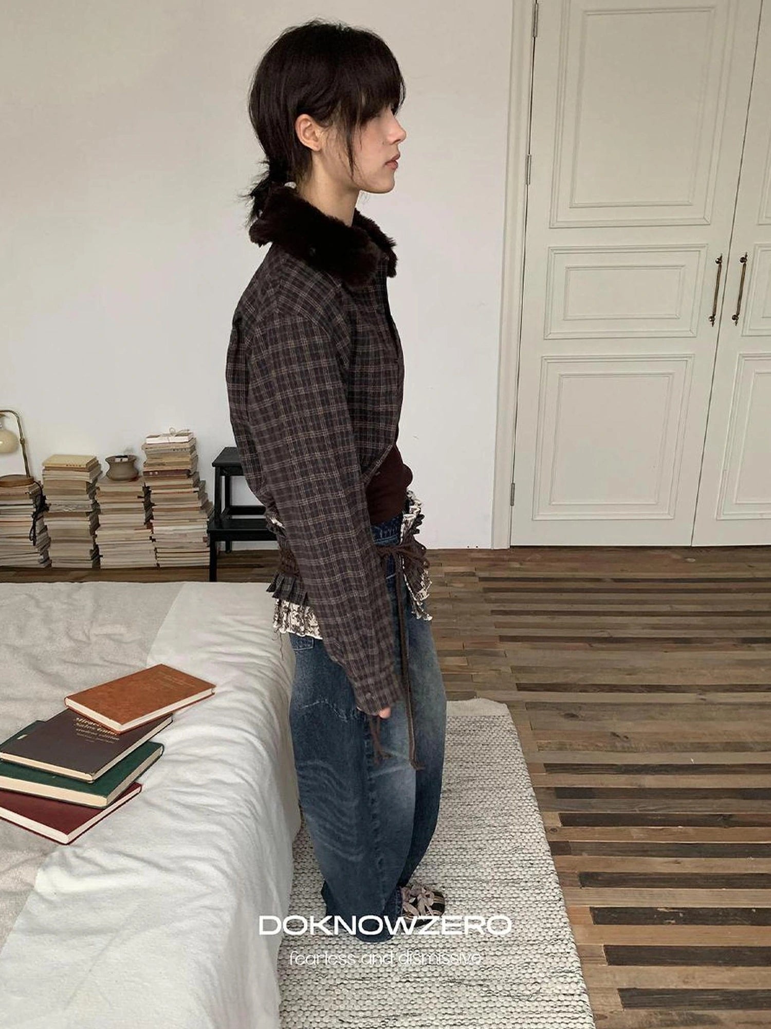 DKZ OFFICIAL Vintage Brown Plaid Shirt With Detachable Faux Fur Collar