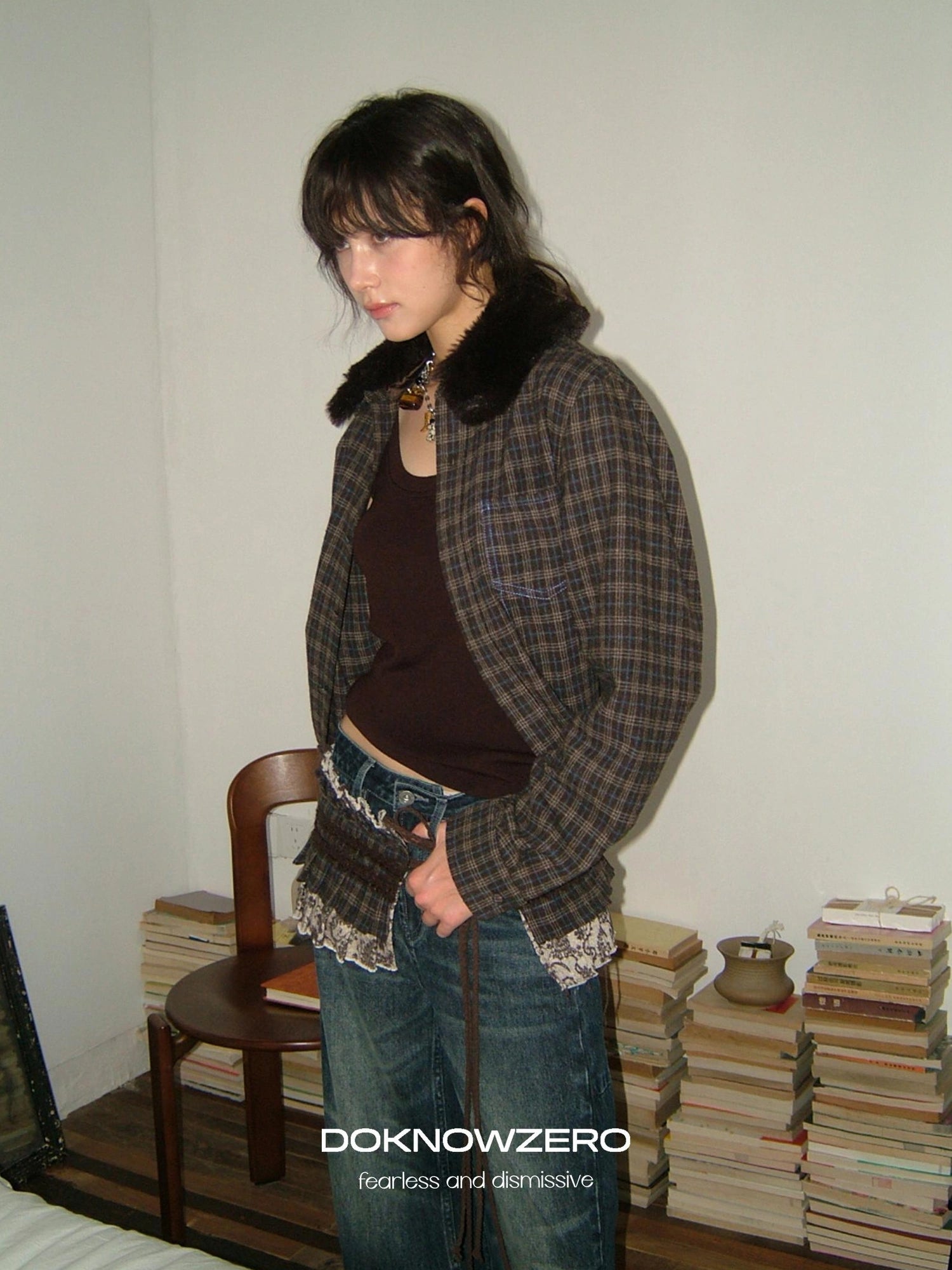 DKZ OFFICIAL Vintage Brown Plaid Shirt With Detachable Faux Fur Collar