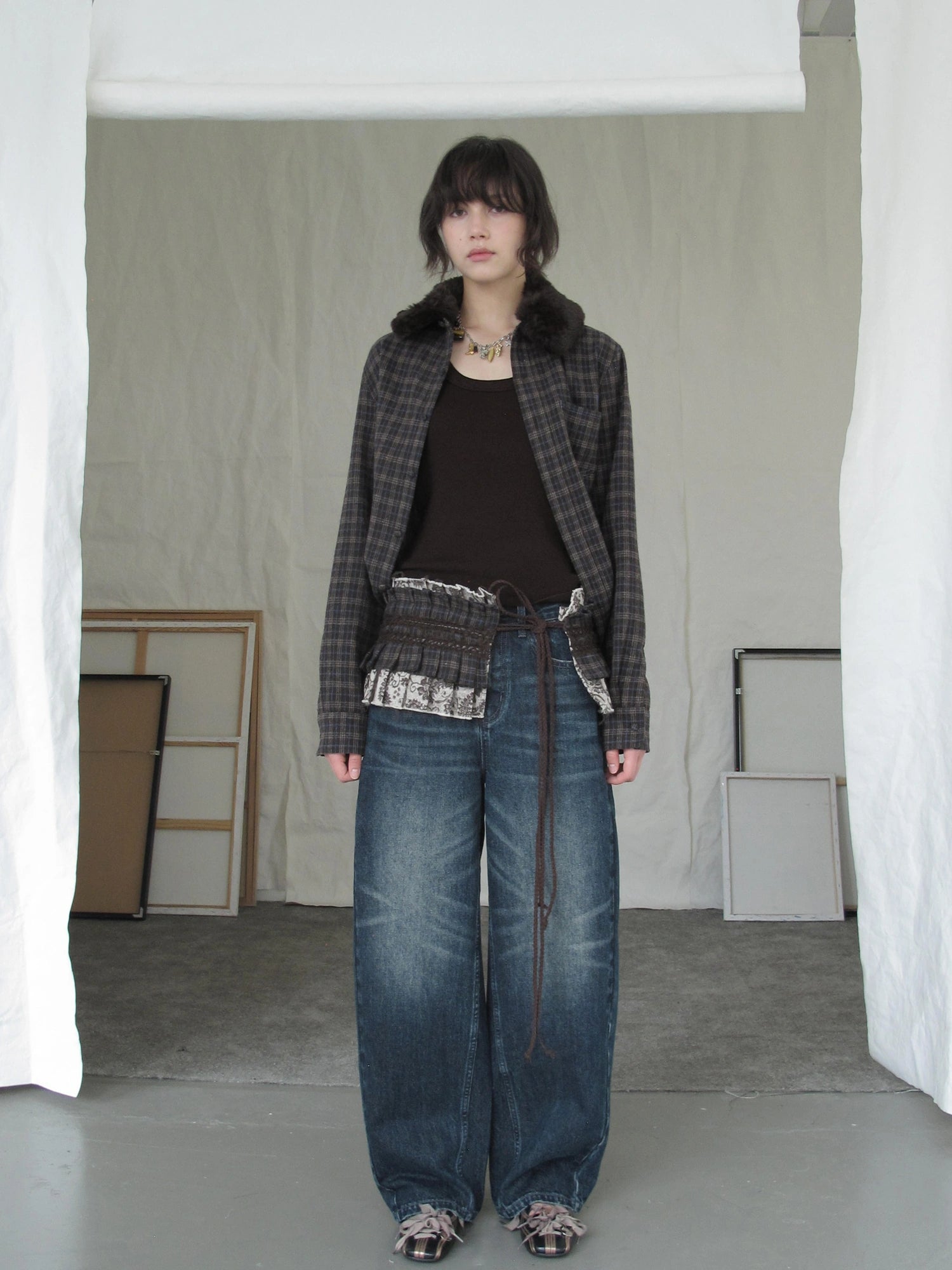 DKZ OFFICIAL Vintage Brown Plaid Shirt With Detachable Faux Fur Collar