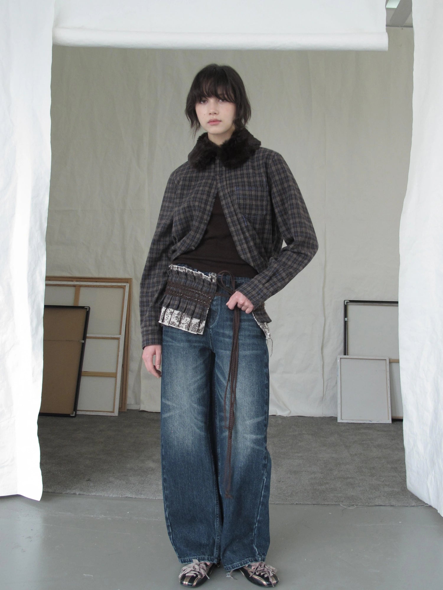 DKZ OFFICIAL Vintage Brown Plaid Shirt With Detachable Faux Fur Collar