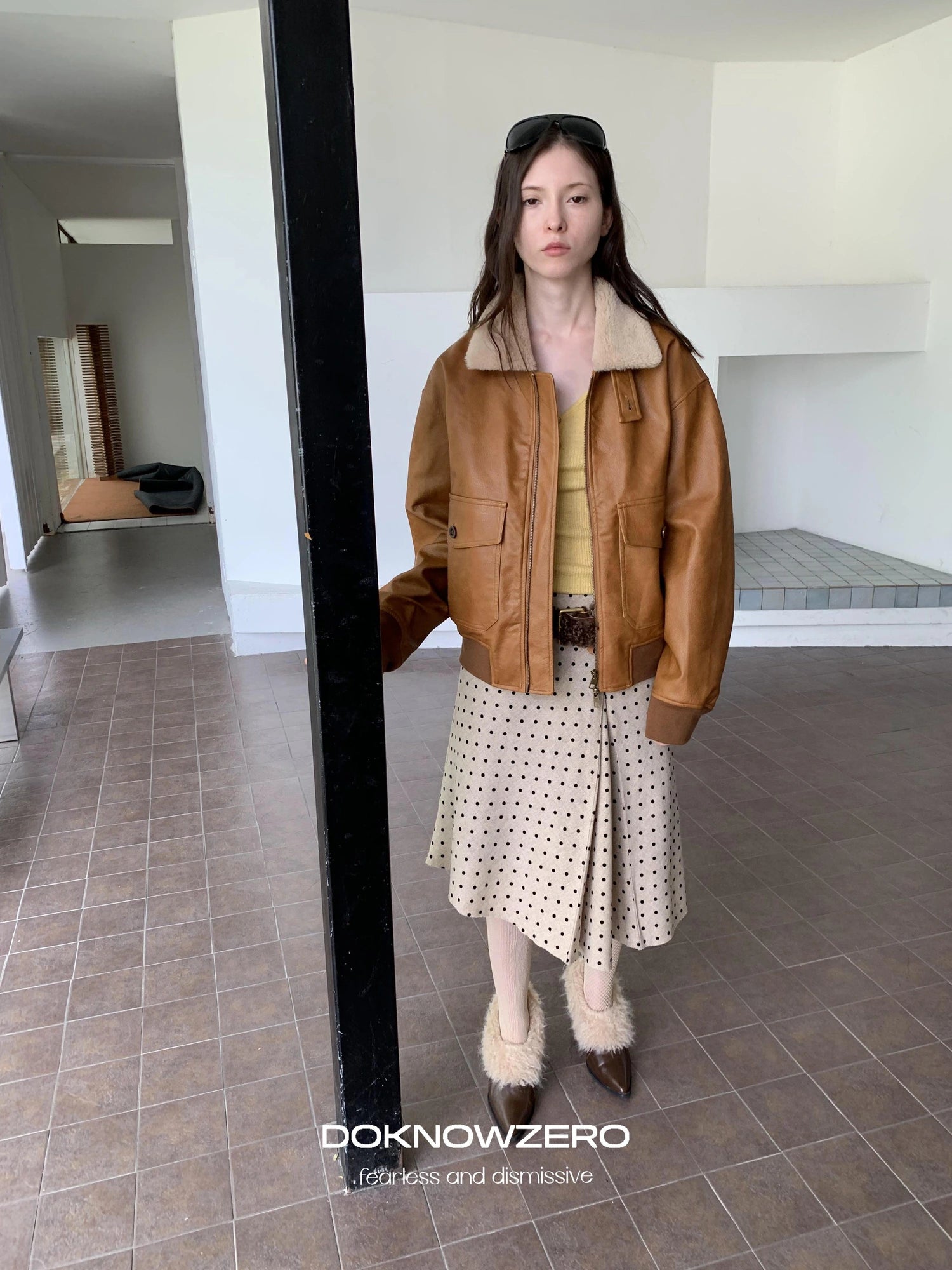 DKZ OFFICIAL Vintage Faux Fur Collar Quilted Leather Jacket