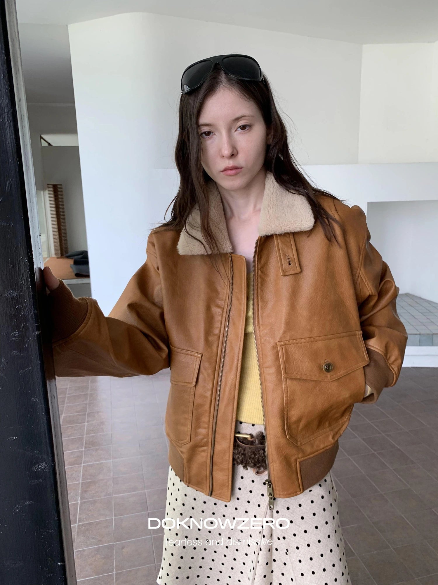 DKZ OFFICIAL Vintage Faux Fur Collar Quilted Leather Jacket