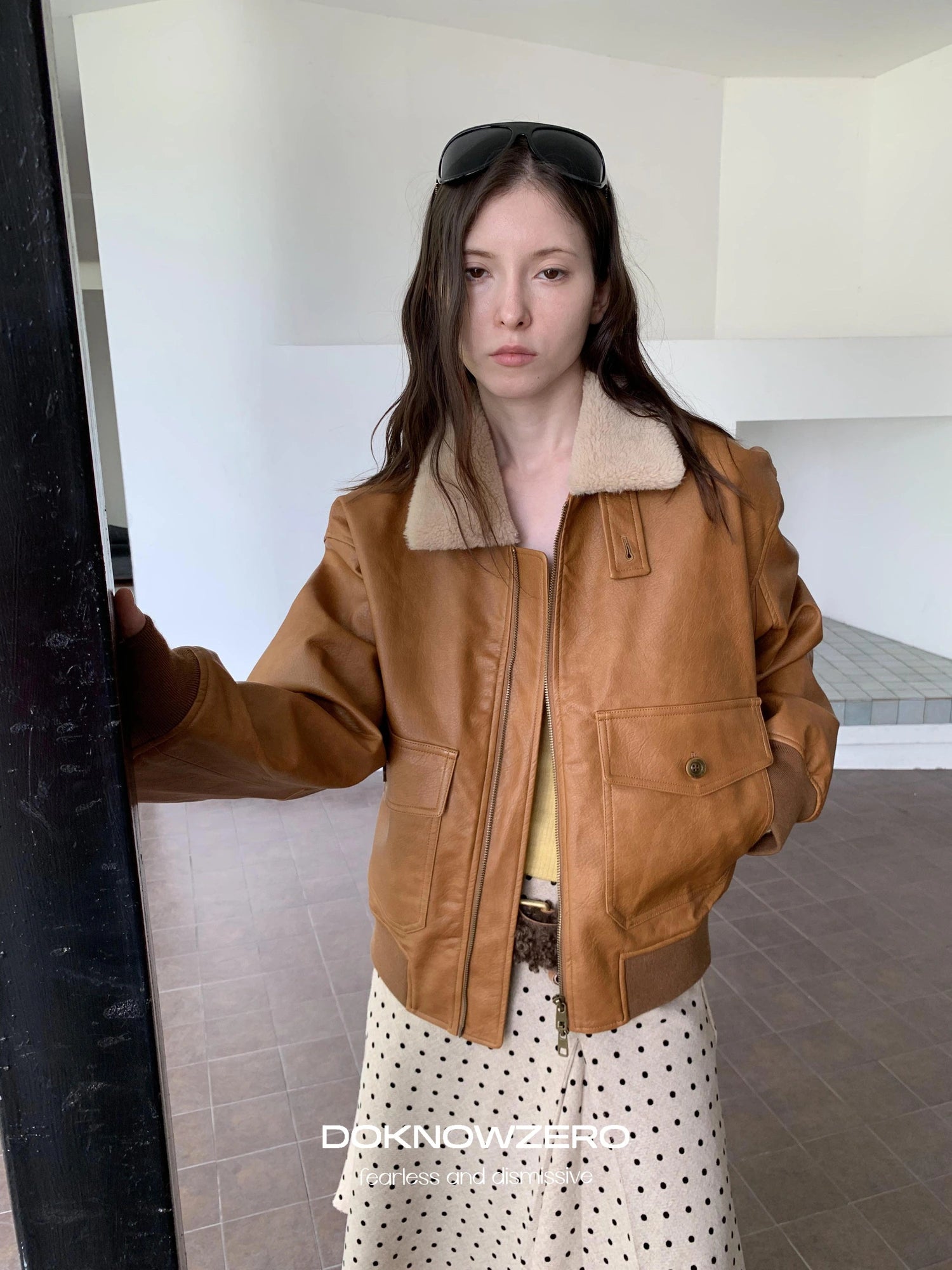 DKZ OFFICIAL Vintage Faux Fur Collar Quilted Leather Jacket