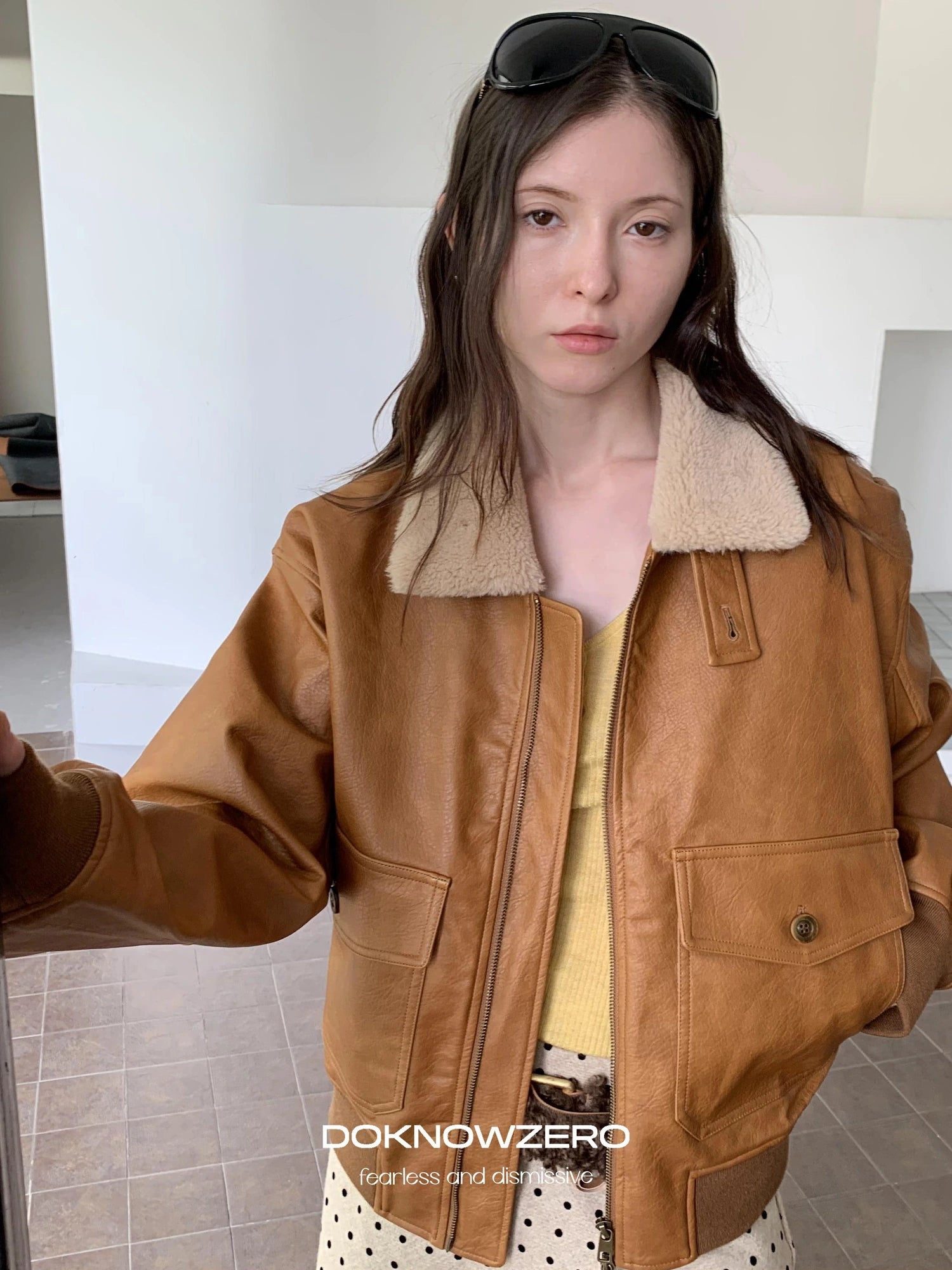 DKZ OFFICIAL Vintage Faux Fur Collar Quilted Leather Jacket