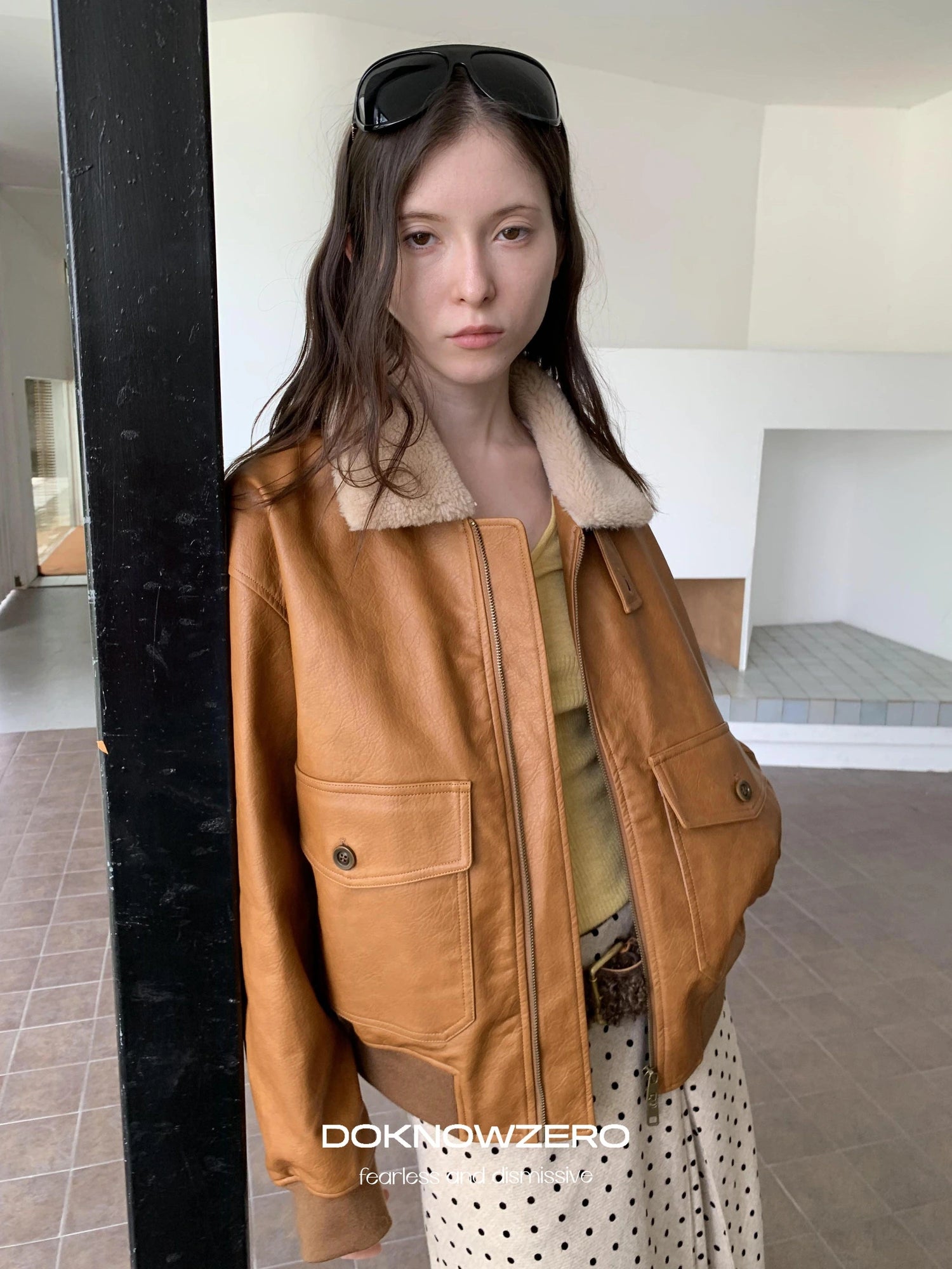 DKZ OFFICIAL Vintage Faux Fur Collar Quilted Leather Jacket