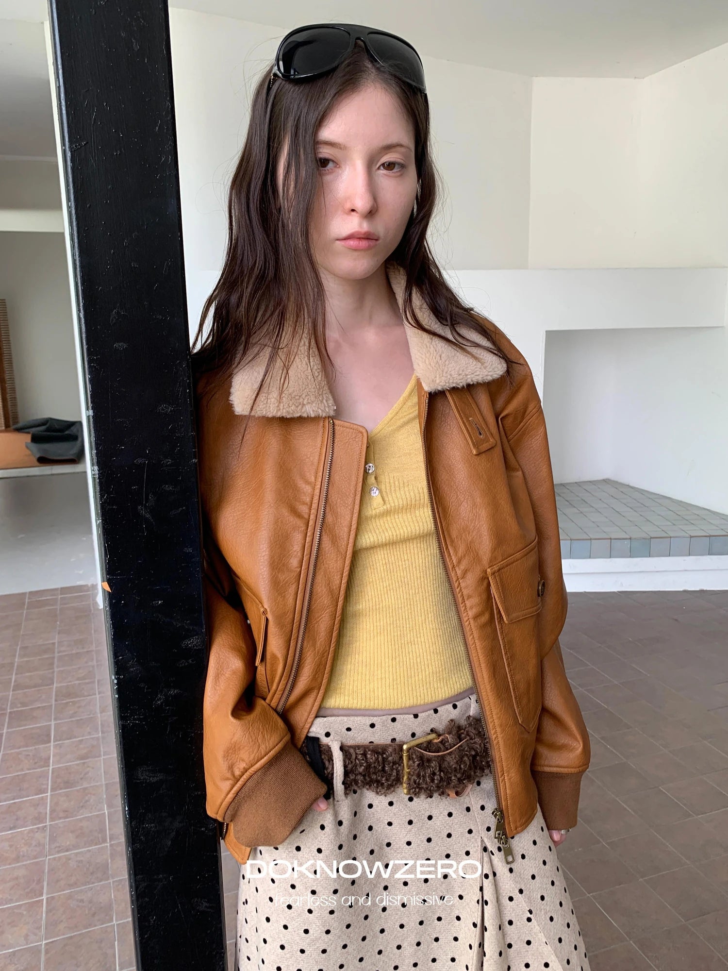 DKZ OFFICIAL Vintage Faux Fur Collar Quilted Leather Jacket