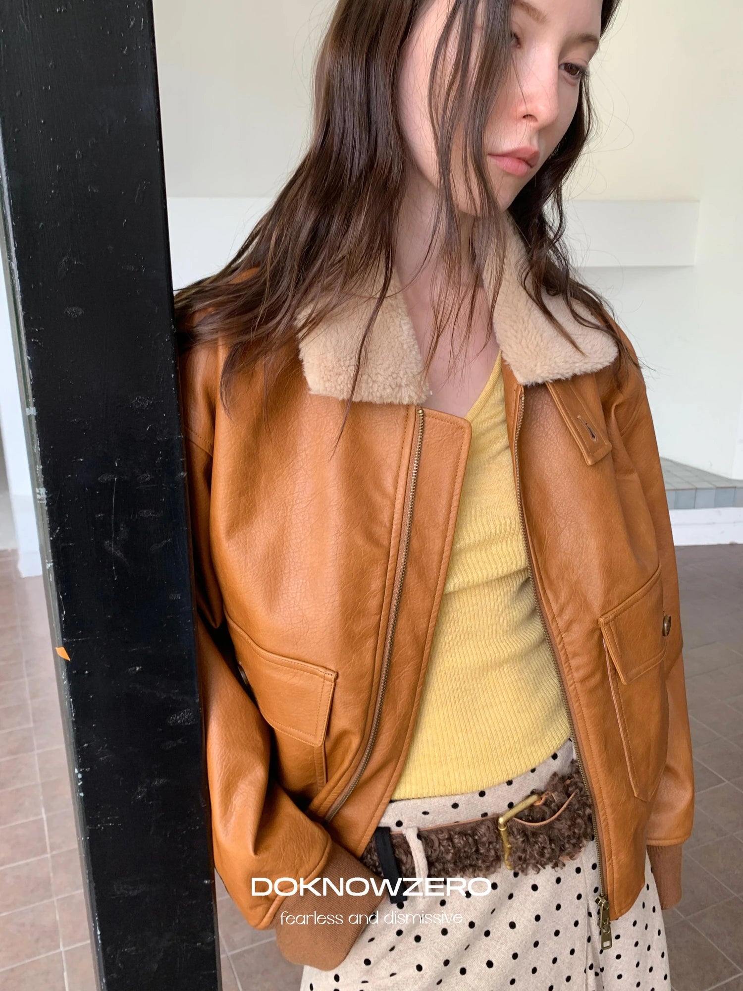 DKZ OFFICIAL Vintage Faux Fur Collar Quilted Leather Jacket