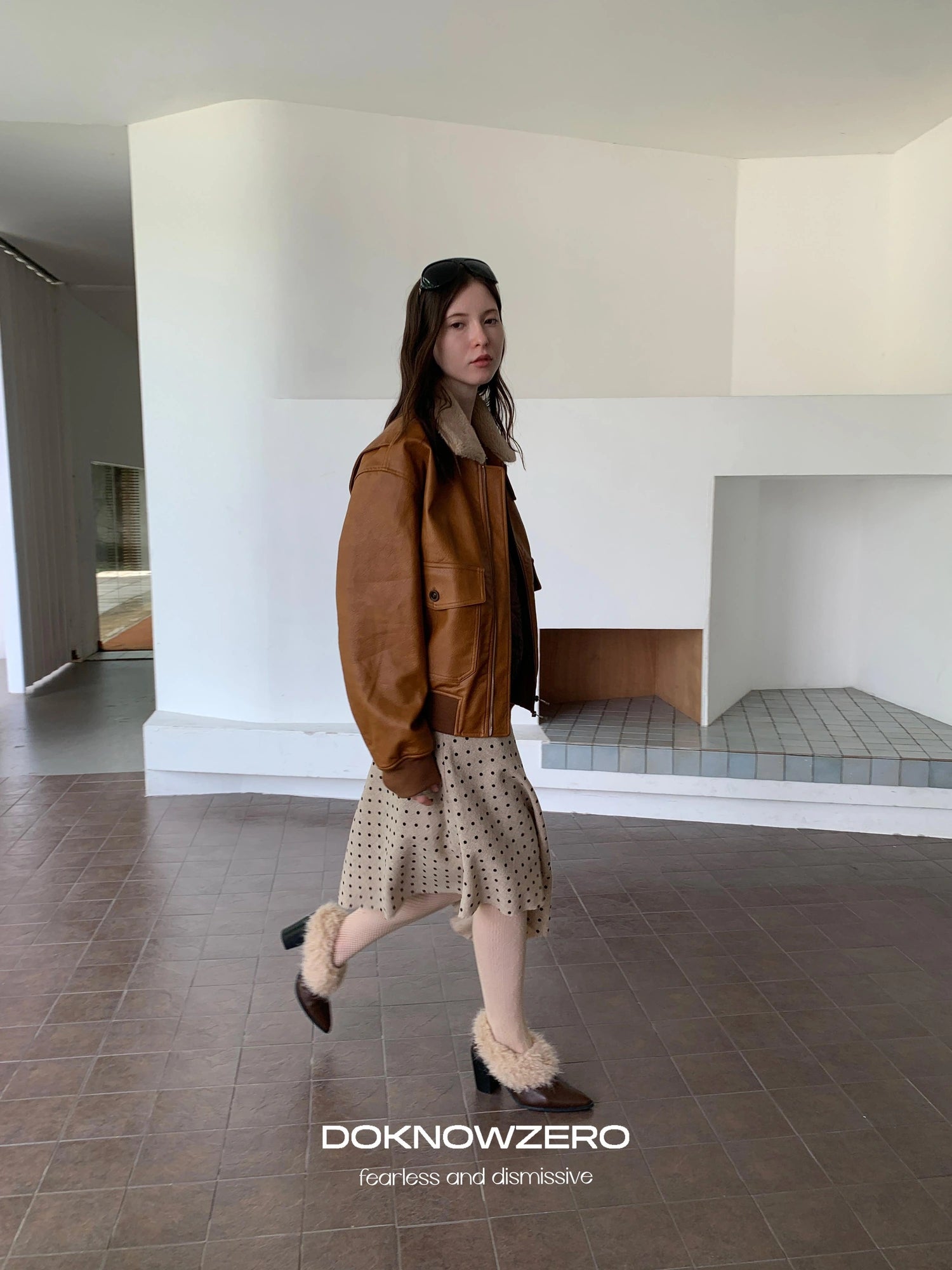 DKZ OFFICIAL Vintage Faux Fur Collar Quilted Leather Jacket