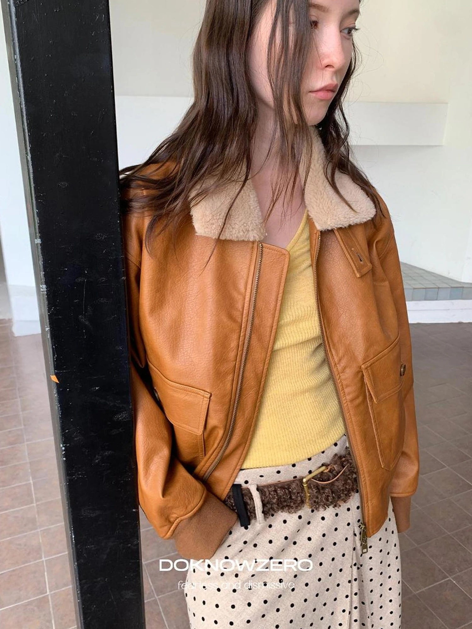 DKZ OFFICIAL Vintage Faux Fur Collar Quilted Leather Jacket