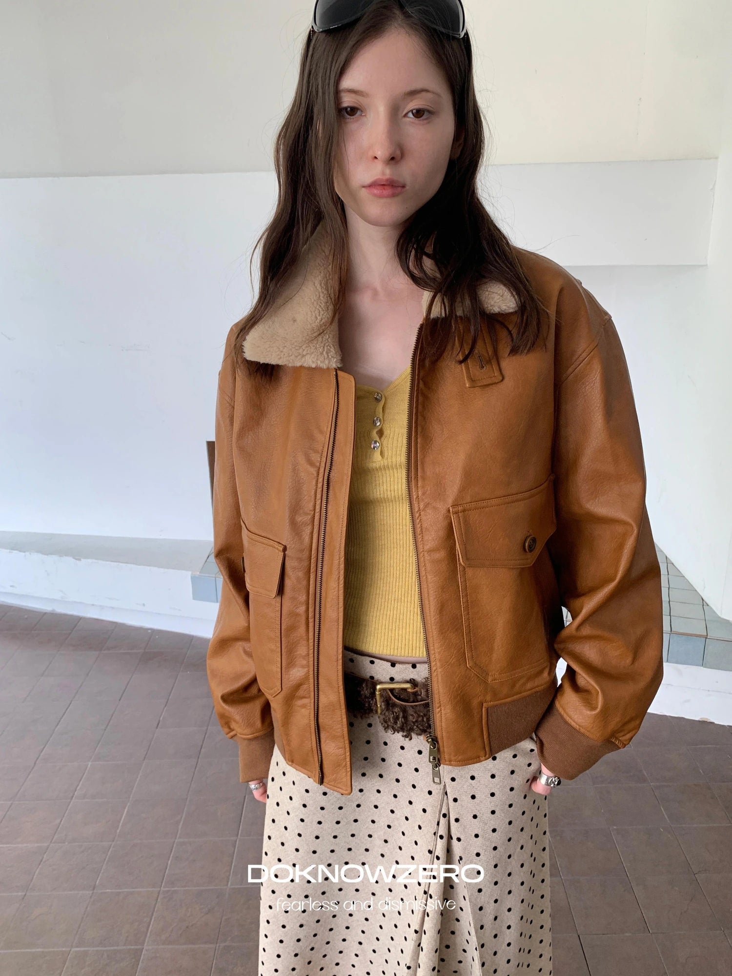 DKZ OFFICIAL Vintage Faux Fur Collar Quilted Leather Jacket