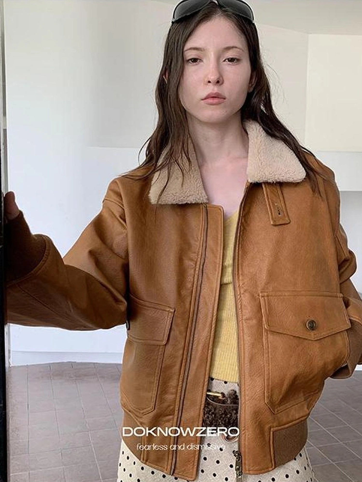 DKZ OFFICIAL Vintage Faux Fur Collar Quilted Leather Jacket