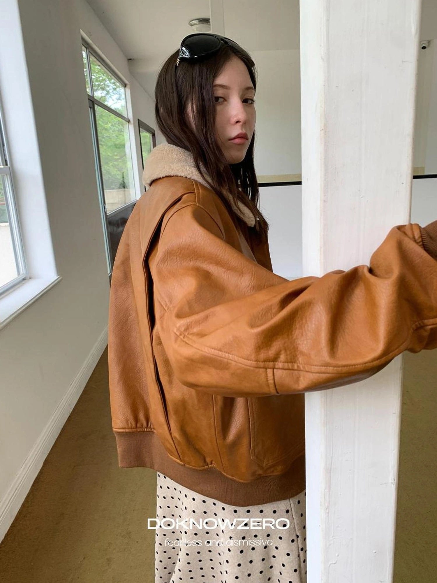 DKZ OFFICIAL Vintage Faux Fur Collar Quilted Leather Jacket