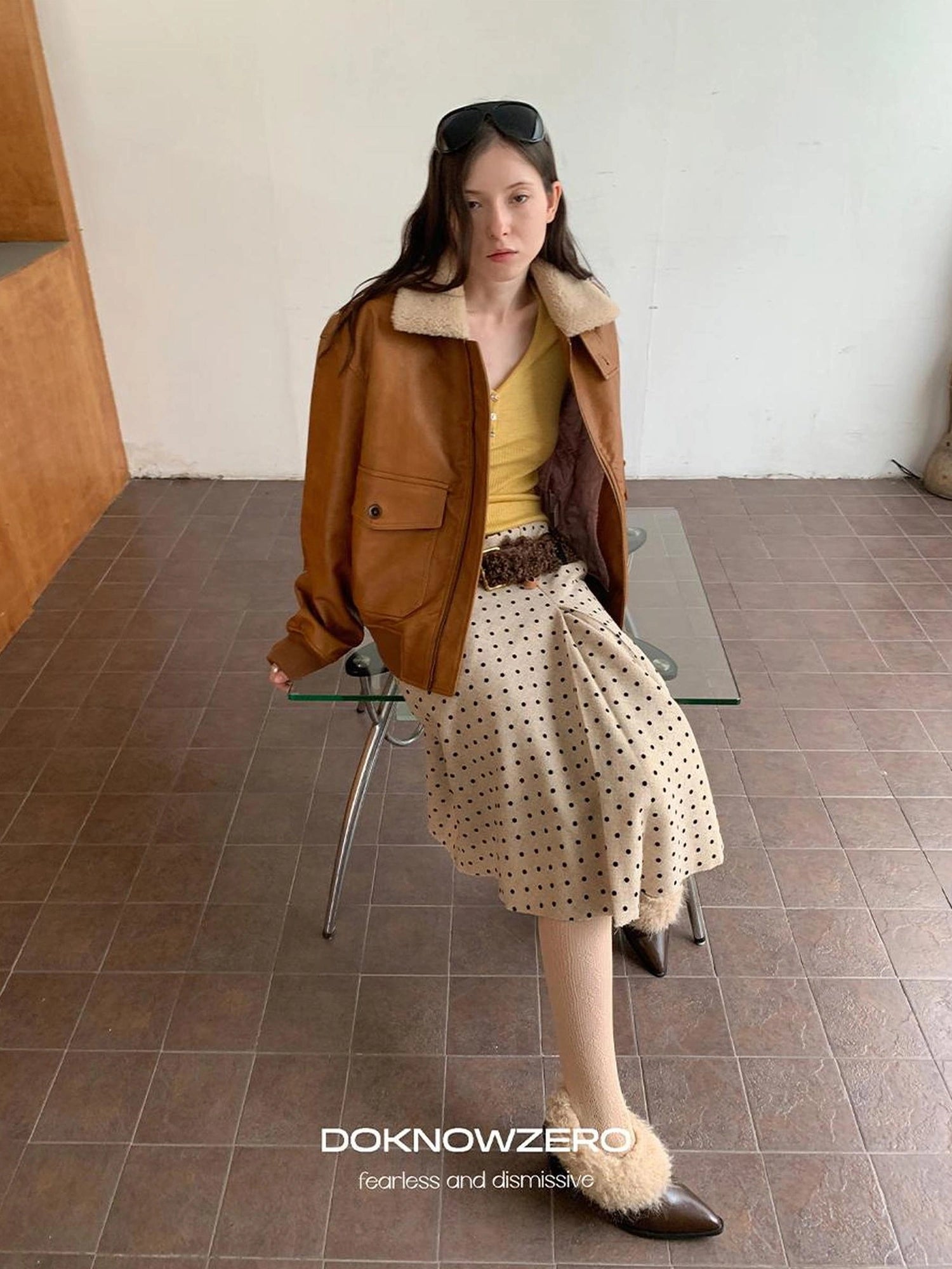 DKZ OFFICIAL Vintage Faux Fur Collar Quilted Leather Jacket