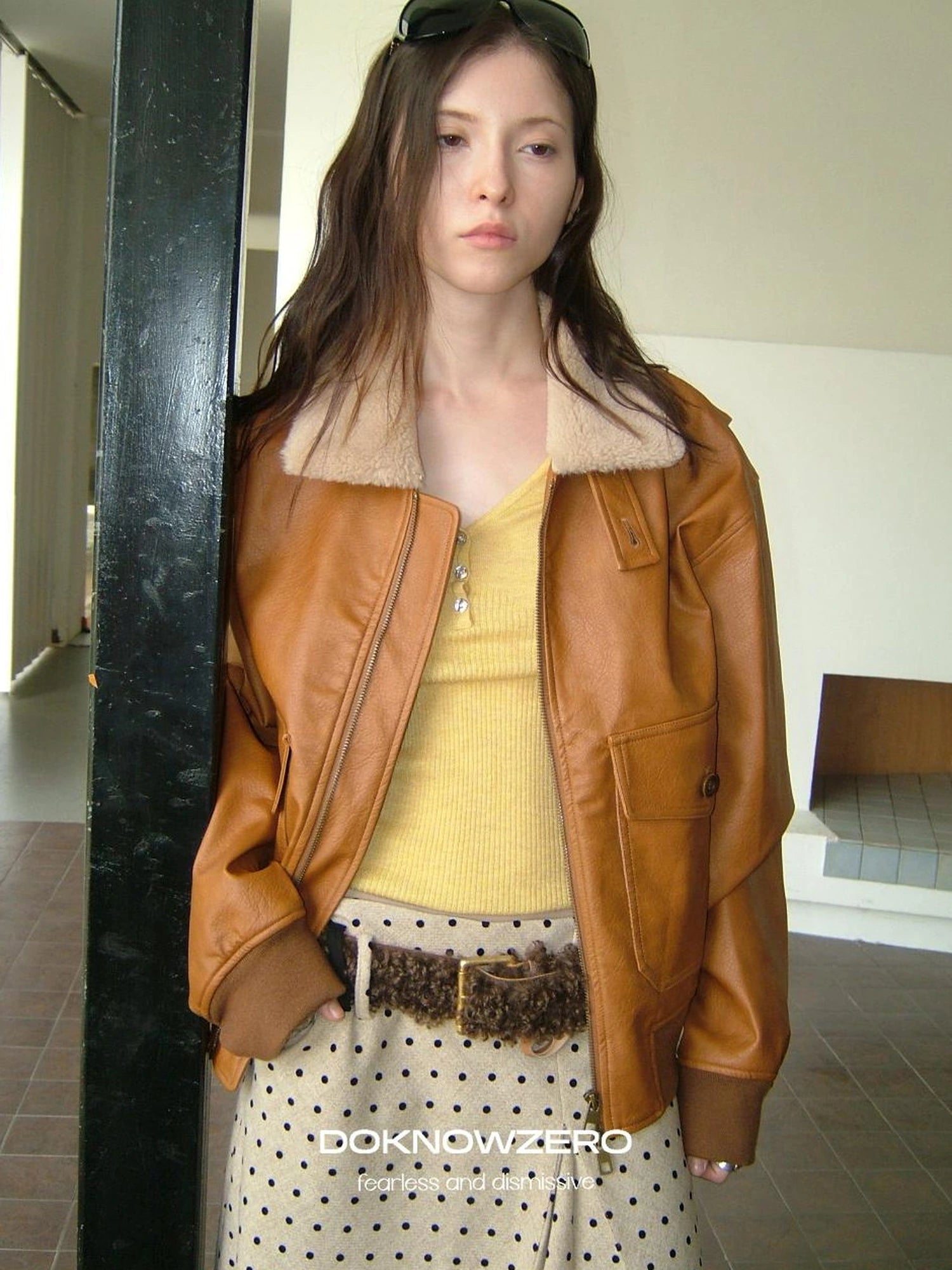 DKZ OFFICIAL Vintage Faux Fur Collar Quilted Leather Jacket