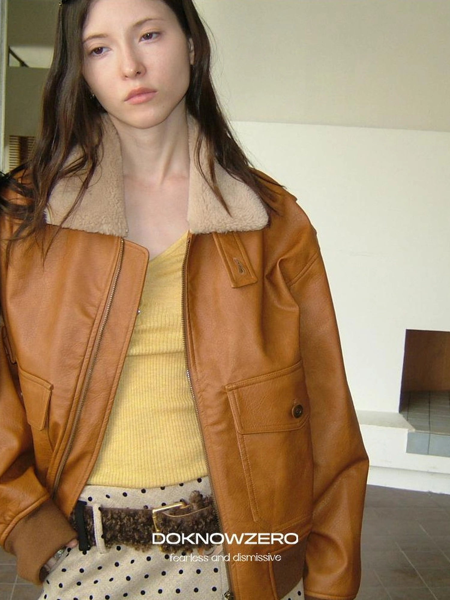 DKZ OFFICIAL Vintage Faux Fur Collar Quilted Leather Jacket