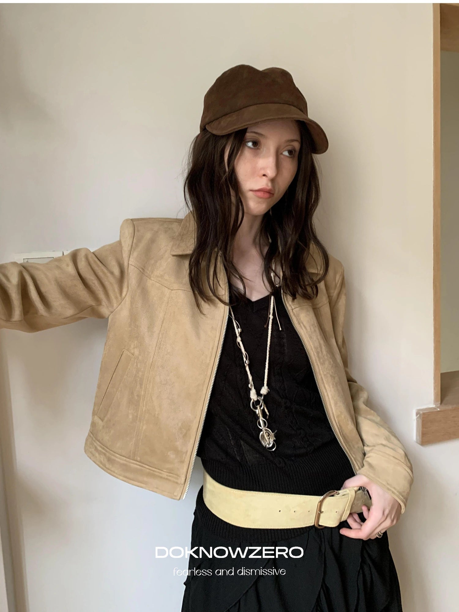 DKZ OFFICIAL Vintage Khaki Short Suede Jacket For Women