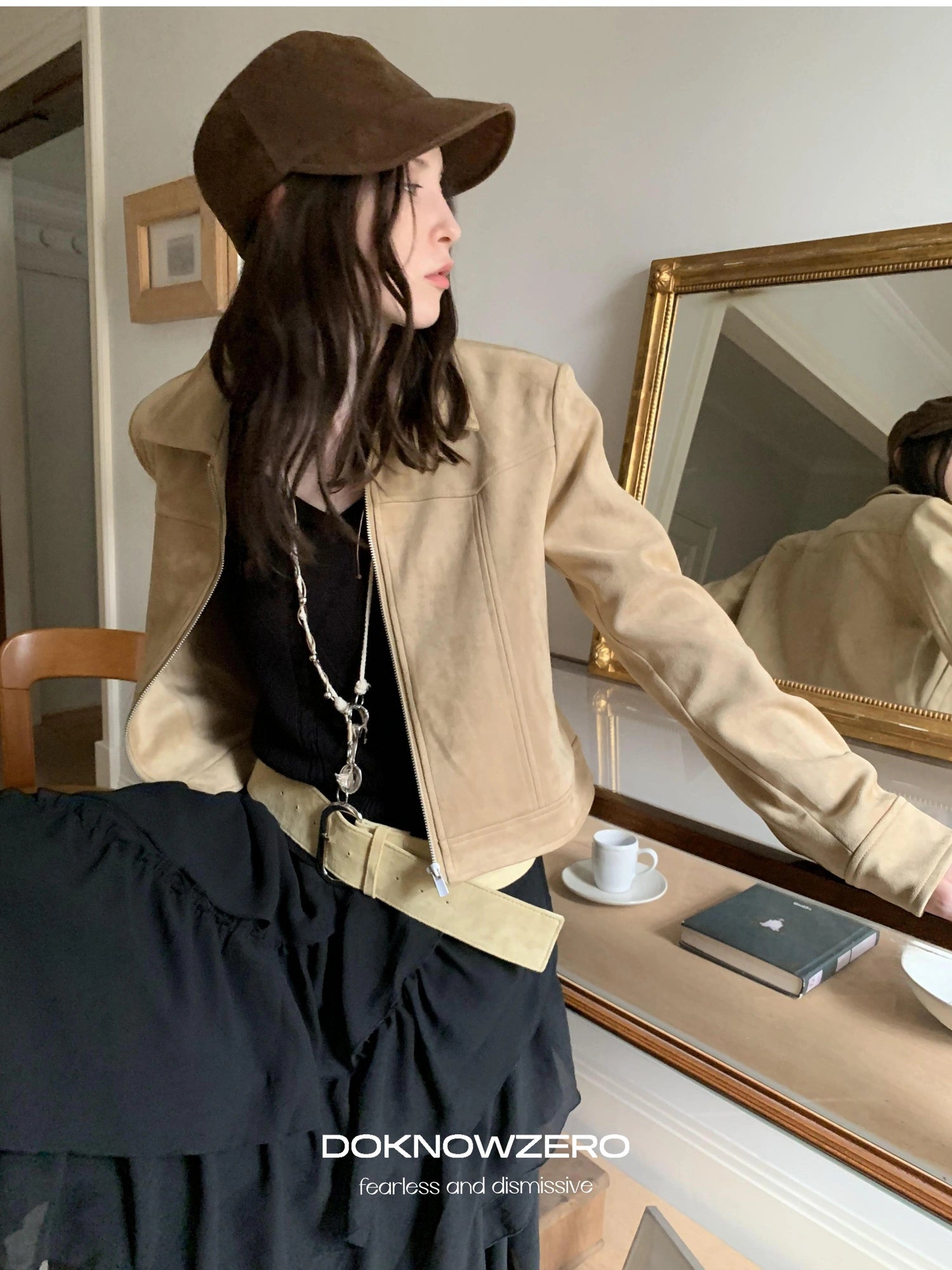 DKZ OFFICIAL Vintage Khaki Short Suede Jacket For Women